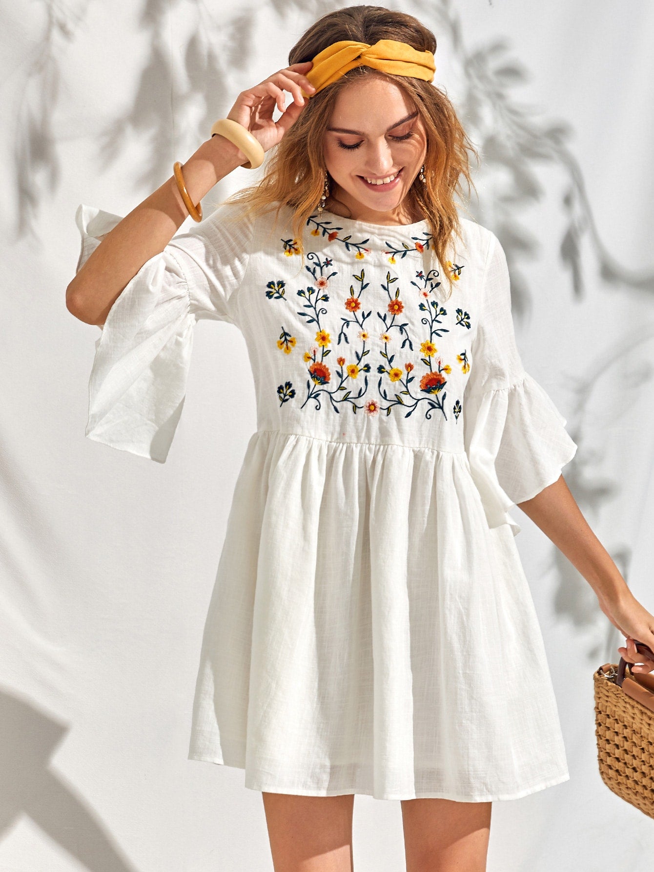 Flounce Sleeve Embroidery Detail Smock Dress