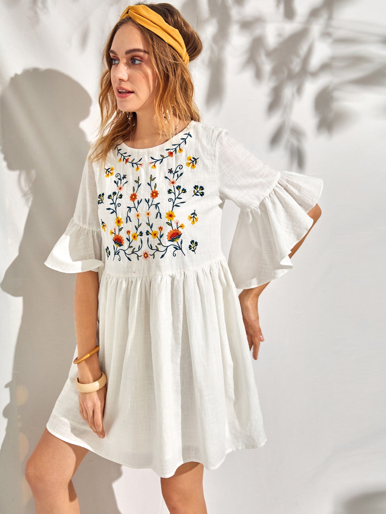 Flounce Sleeve Embroidery Detail Smock Dress