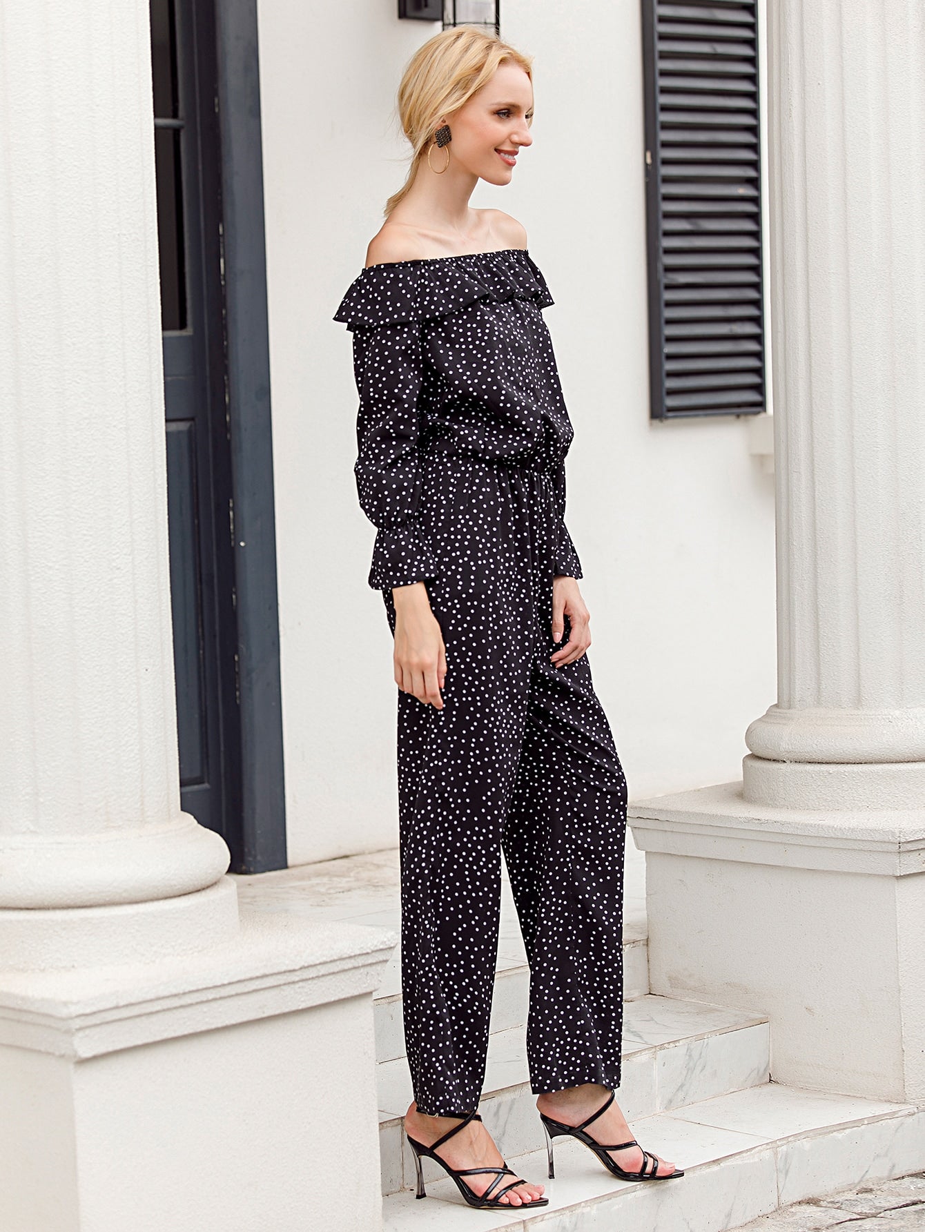 Polka Dot Flounce Sleeve Bardot Jumpsuit