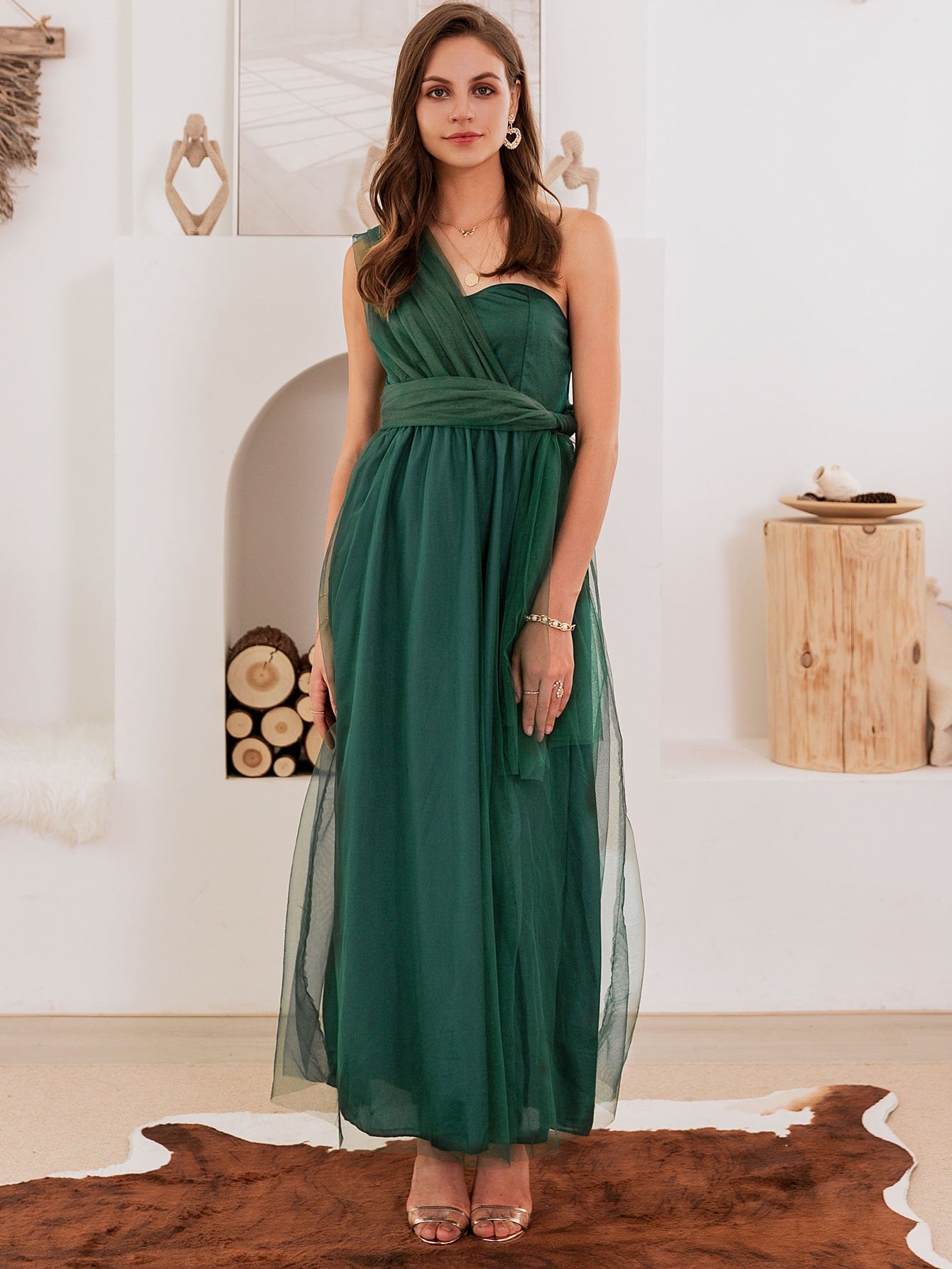 One Shoulder Crisscross Knotted Mesh Dress