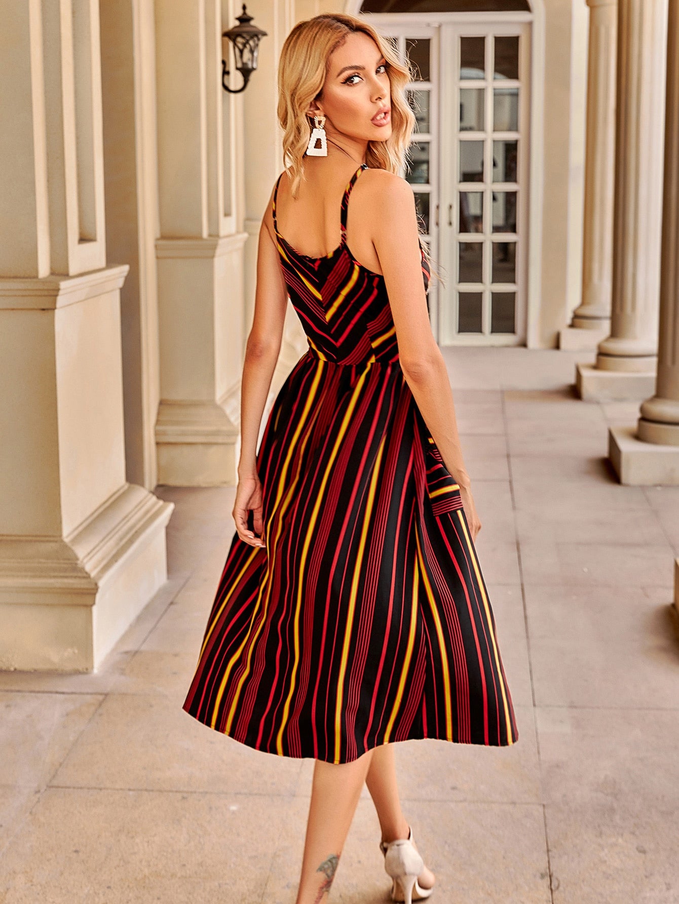 Striped Button Front Dual Pocket Cami Dress