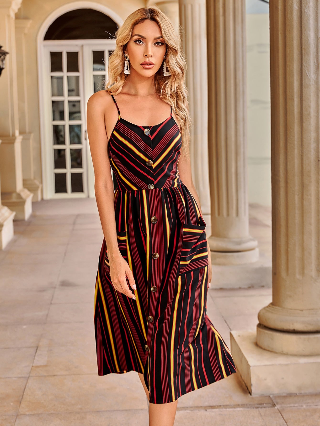 Striped Button Front Dual Pocket Cami Dress