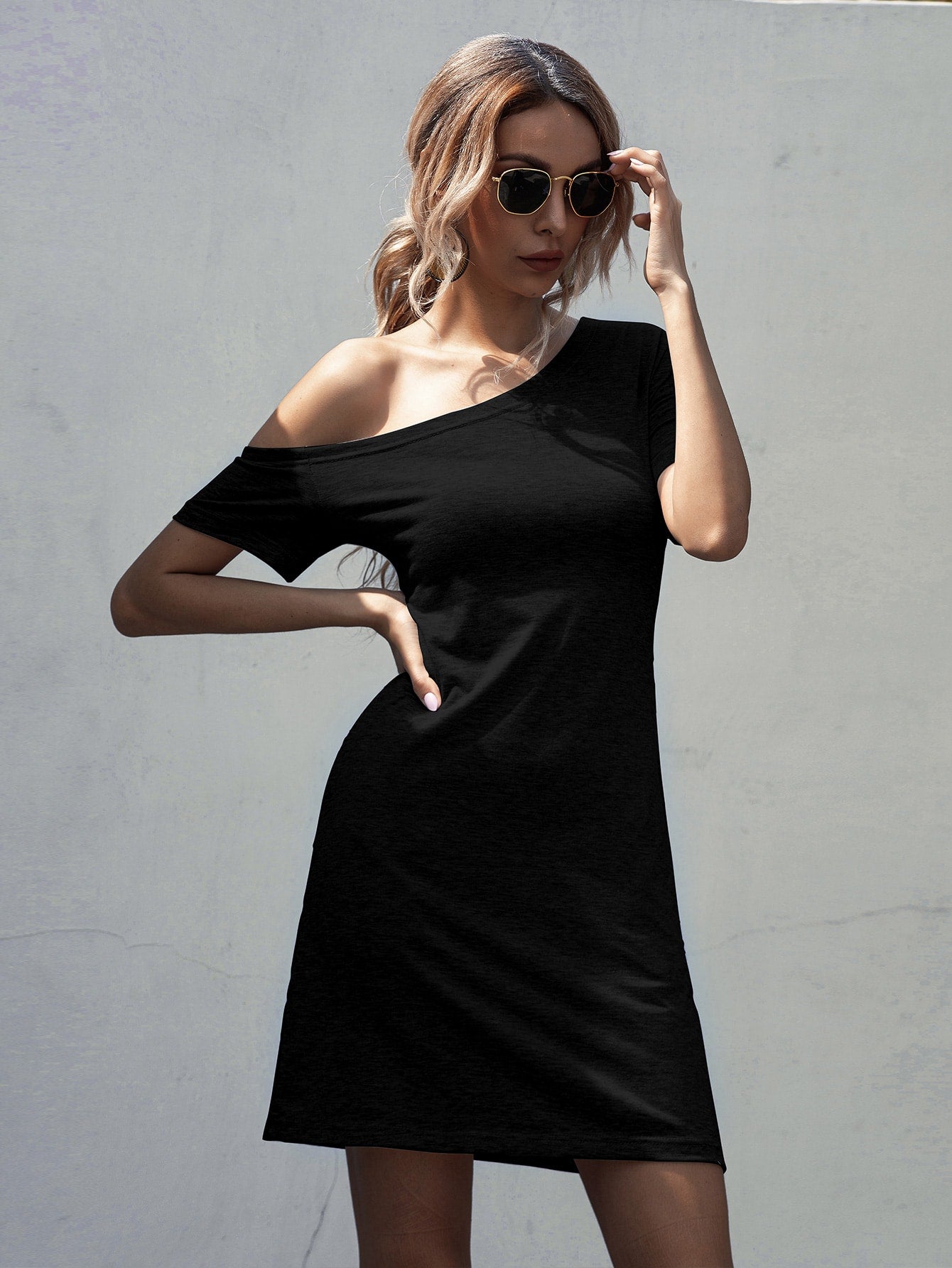 Solid Asymmetrical Neck Tee Dress