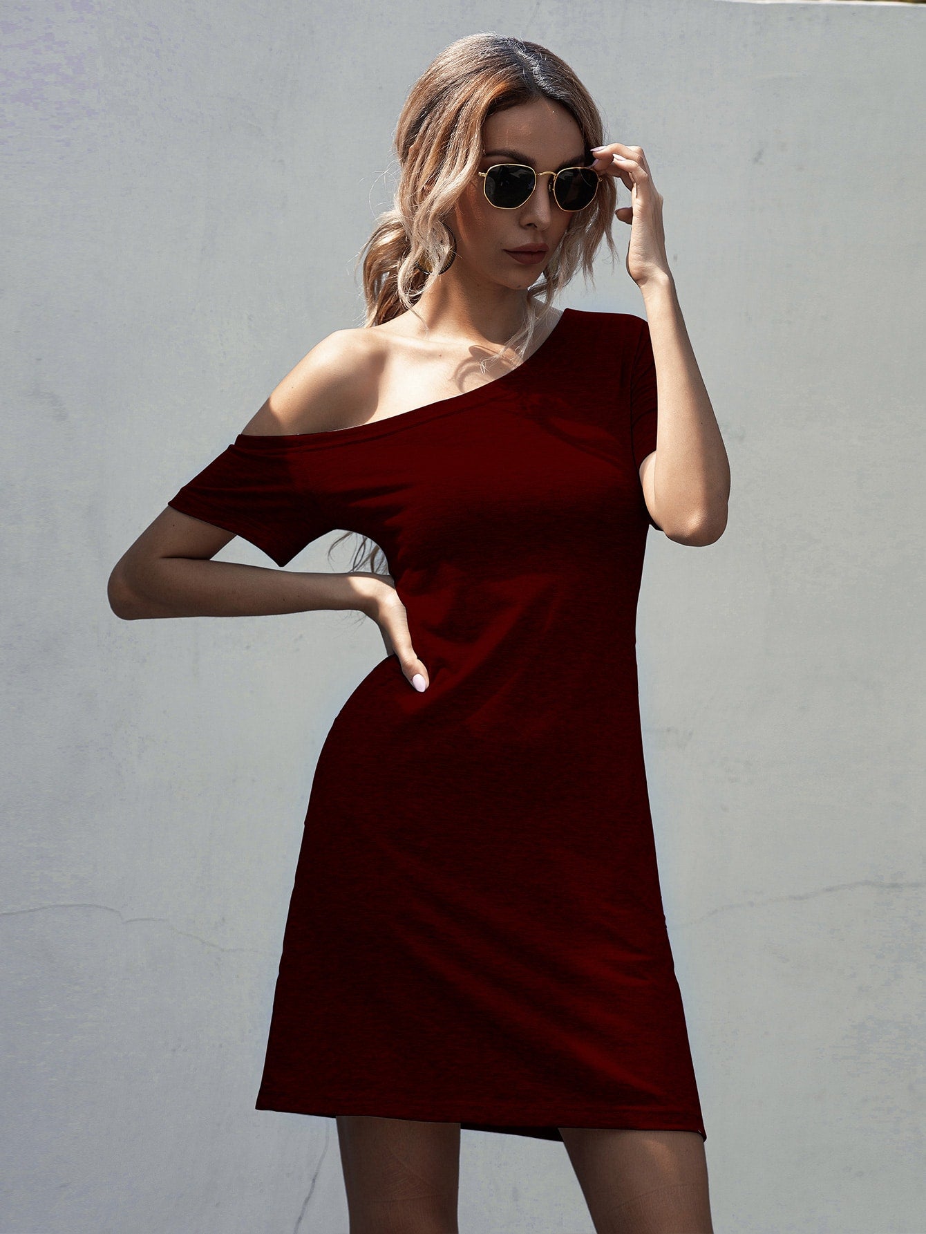 Solid Asymmetrical Neck Tee Dress