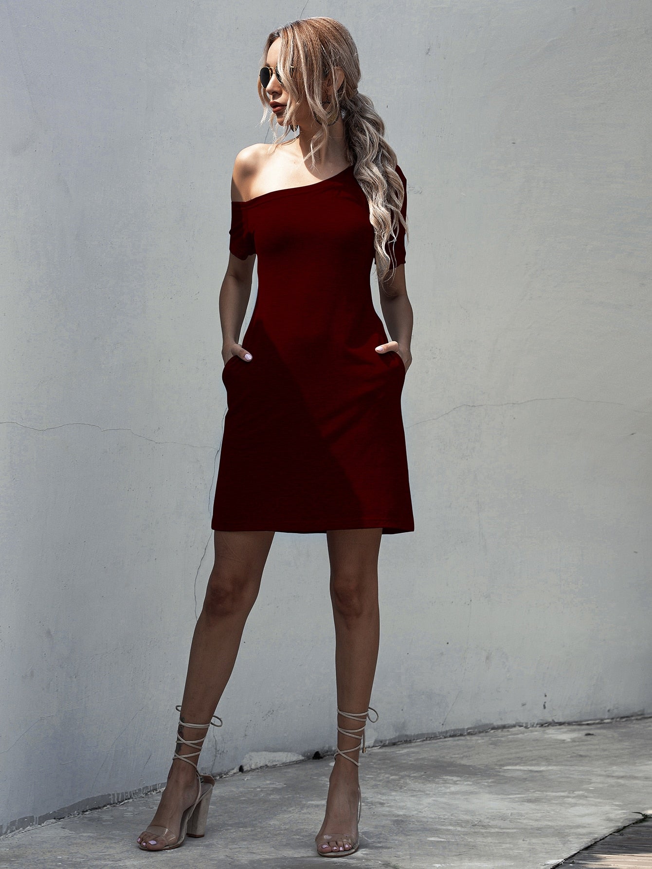 Solid Asymmetrical Neck Tee Dress