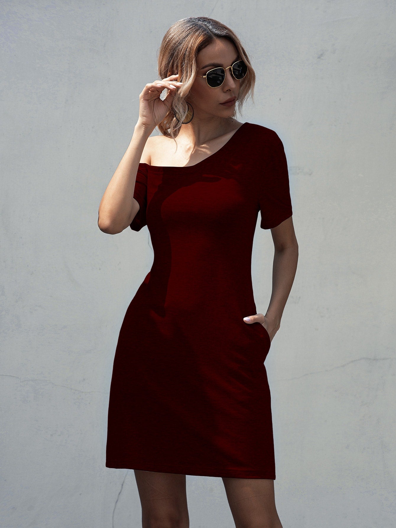 Solid Asymmetrical Neck Tee Dress