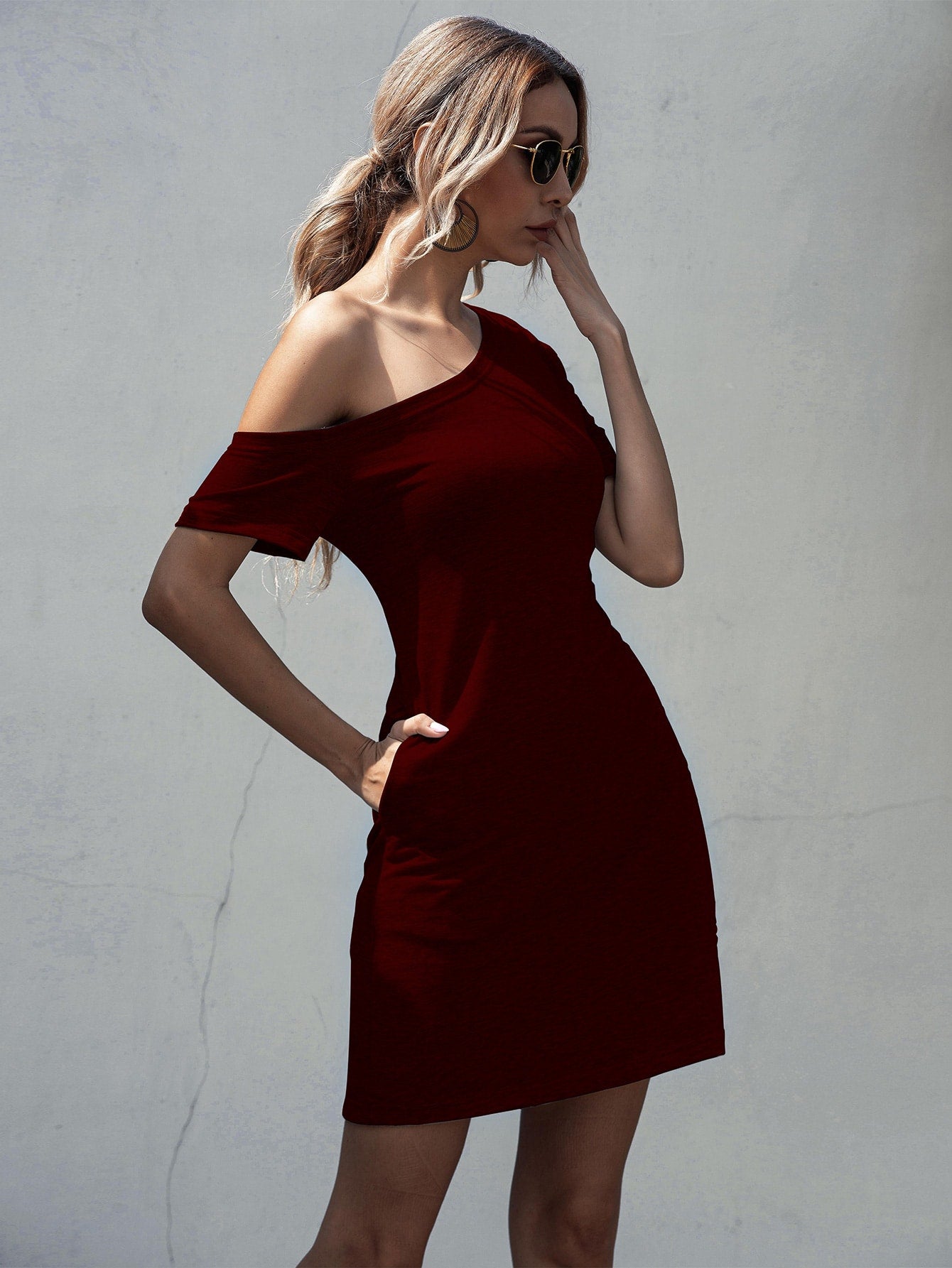 Solid Asymmetrical Neck Tee Dress