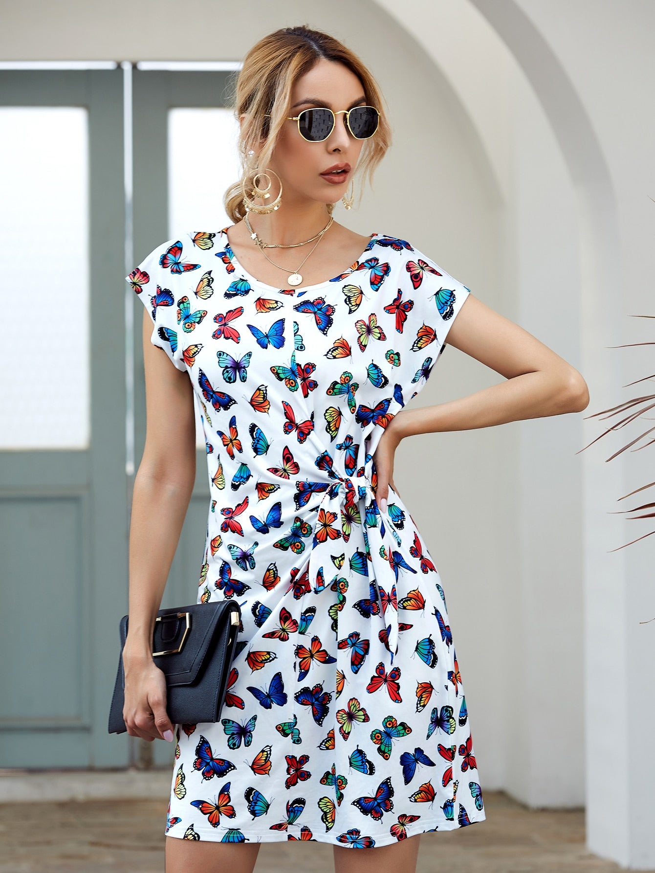 Allover Butterfly Print Tie Front Tee Dress