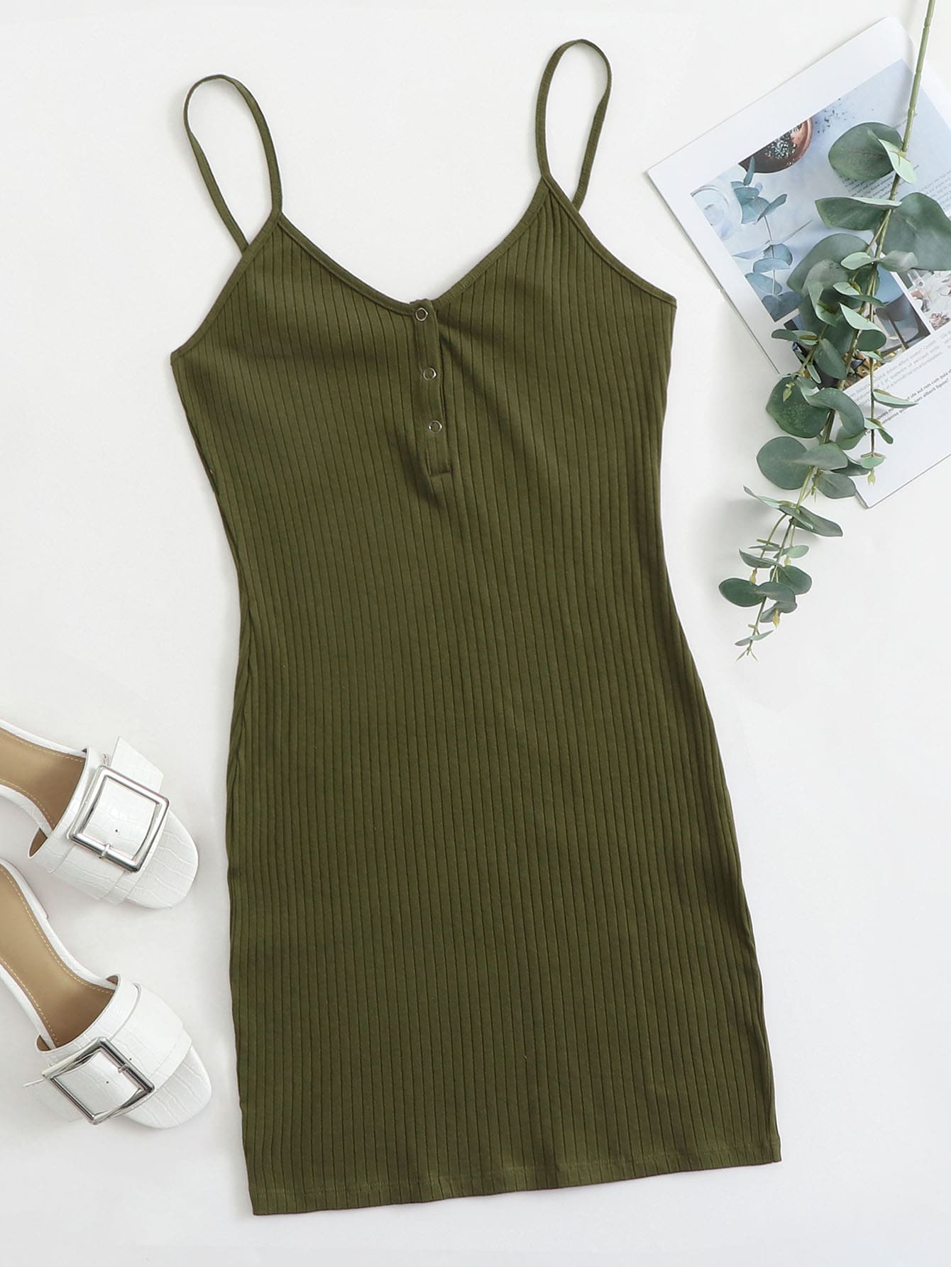 Press Buttoned Half Placket Rib-knit Bodycon Dress