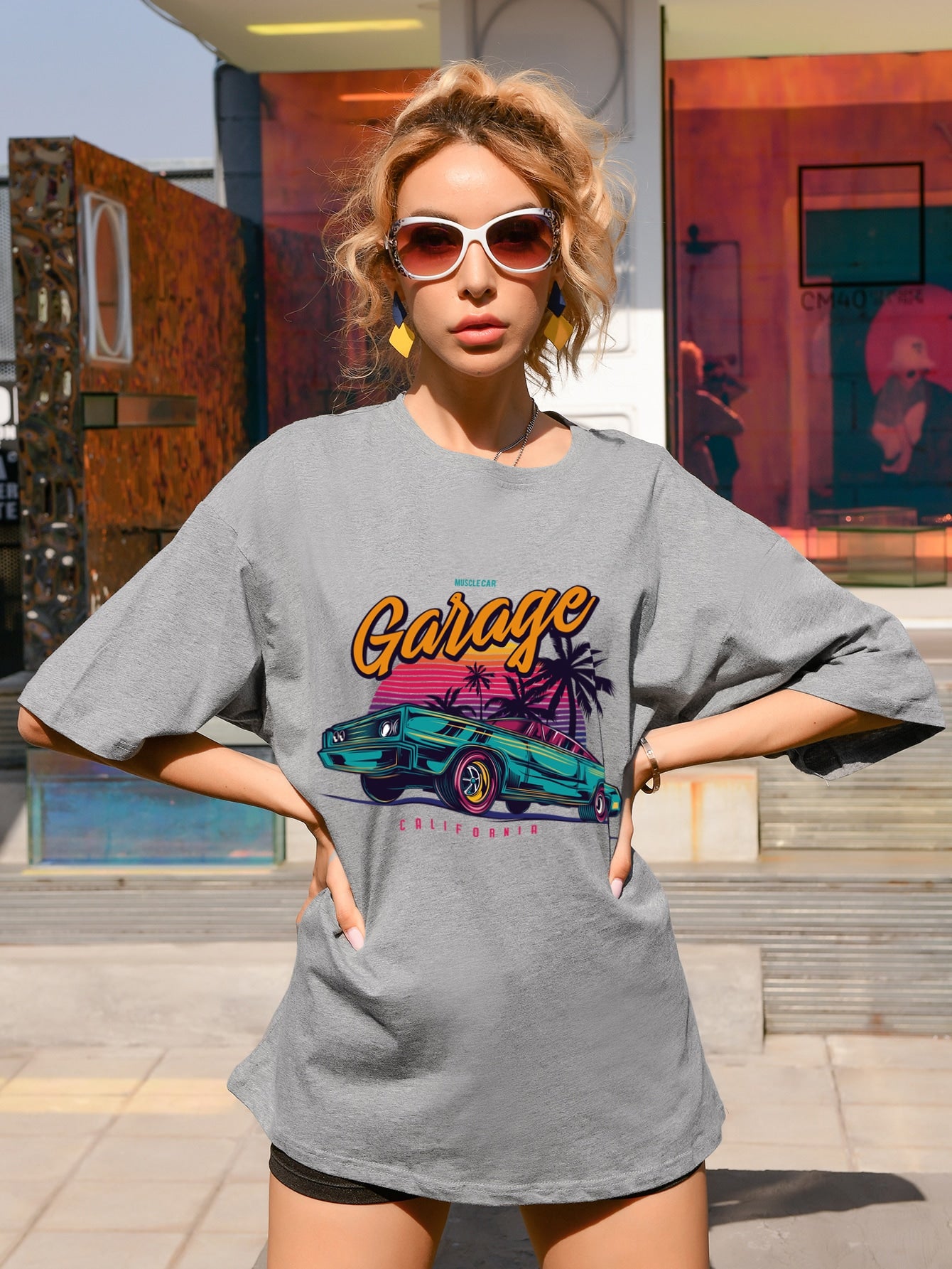 Letter & Tropical Print Drop Shoulder Tee