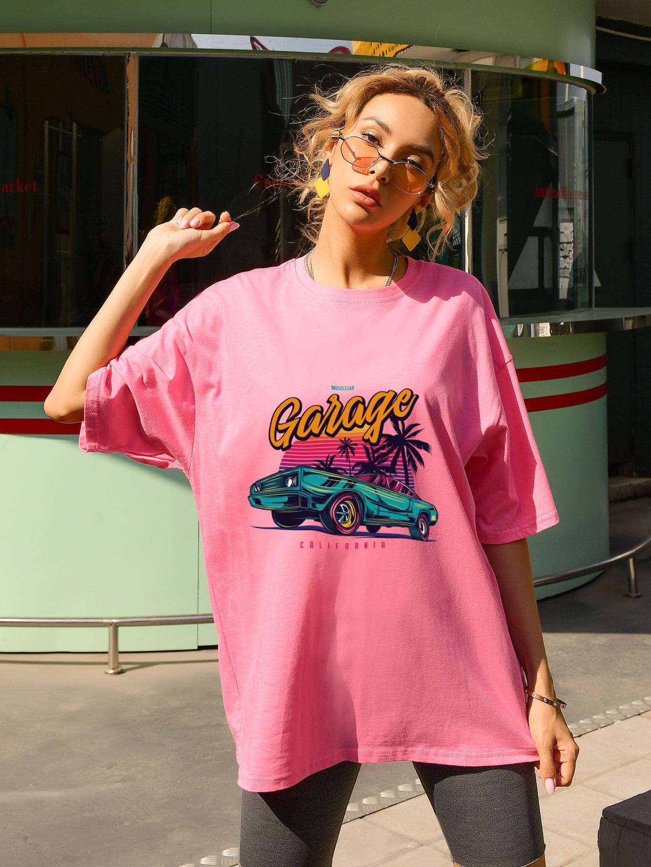 Letter & Tropical Print Drop Shoulder Tee