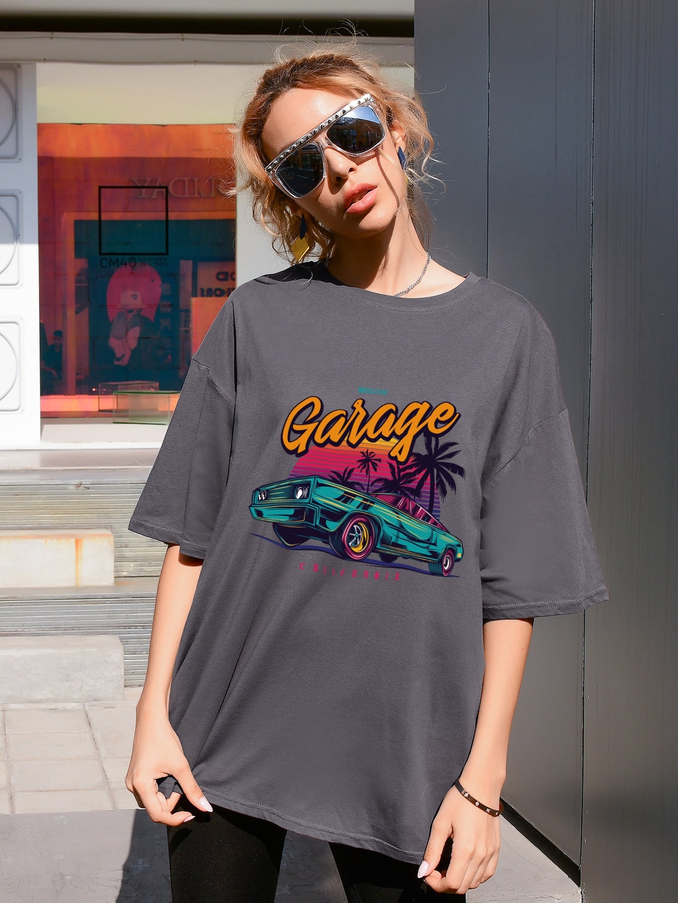 Letter & Tropical Print Drop Shoulder Tee