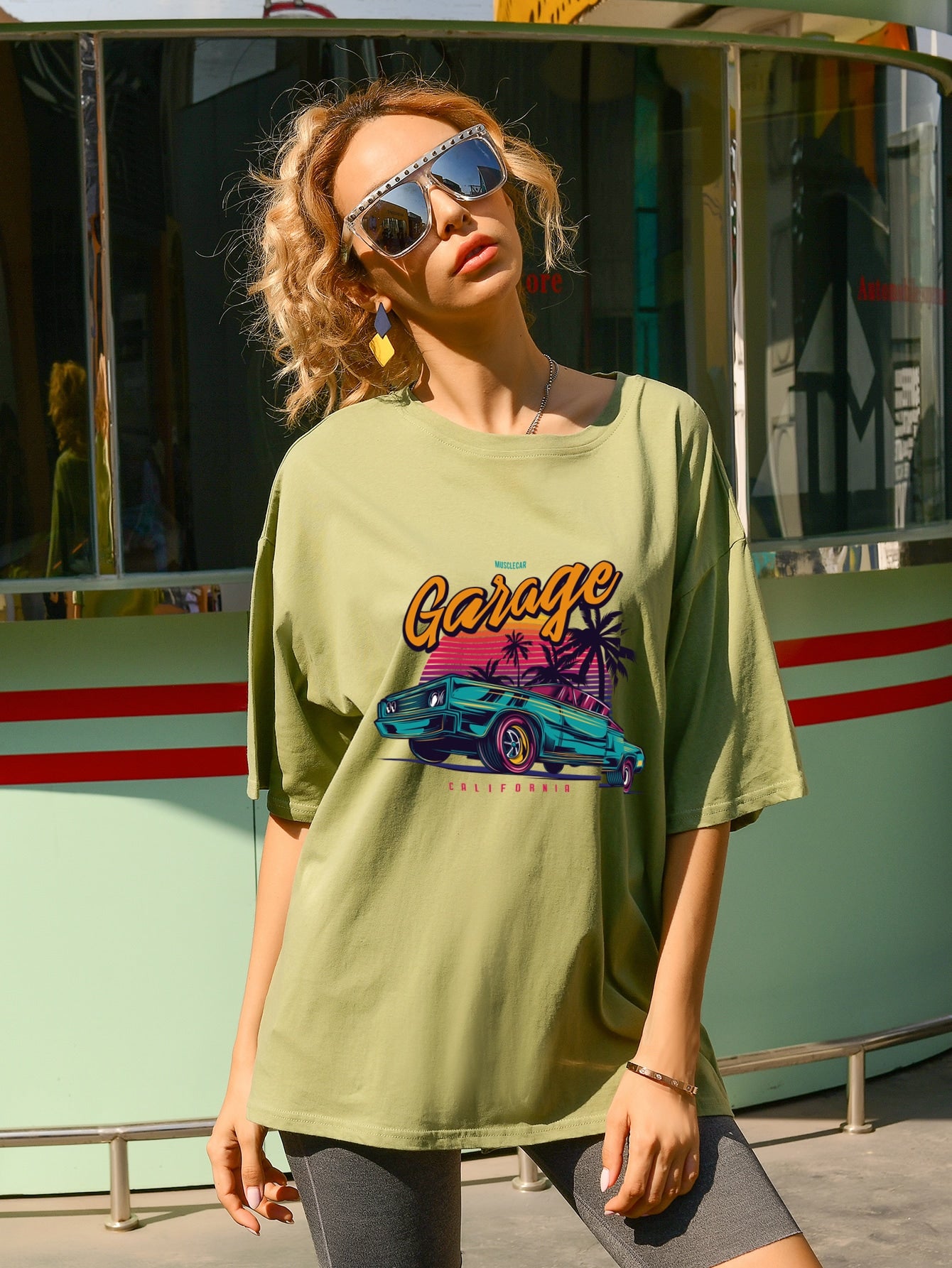 Letter & Tropical Print Drop Shoulder Tee