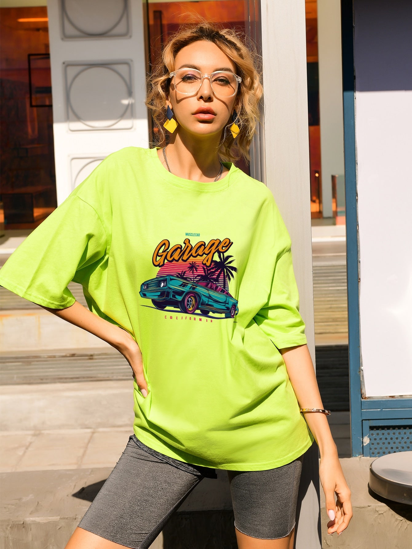 Letter & Tropical Print Drop Shoulder Tee