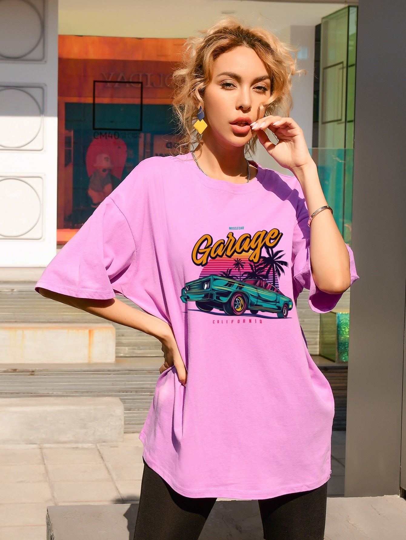 Letter & Tropical Print Drop Shoulder Tee