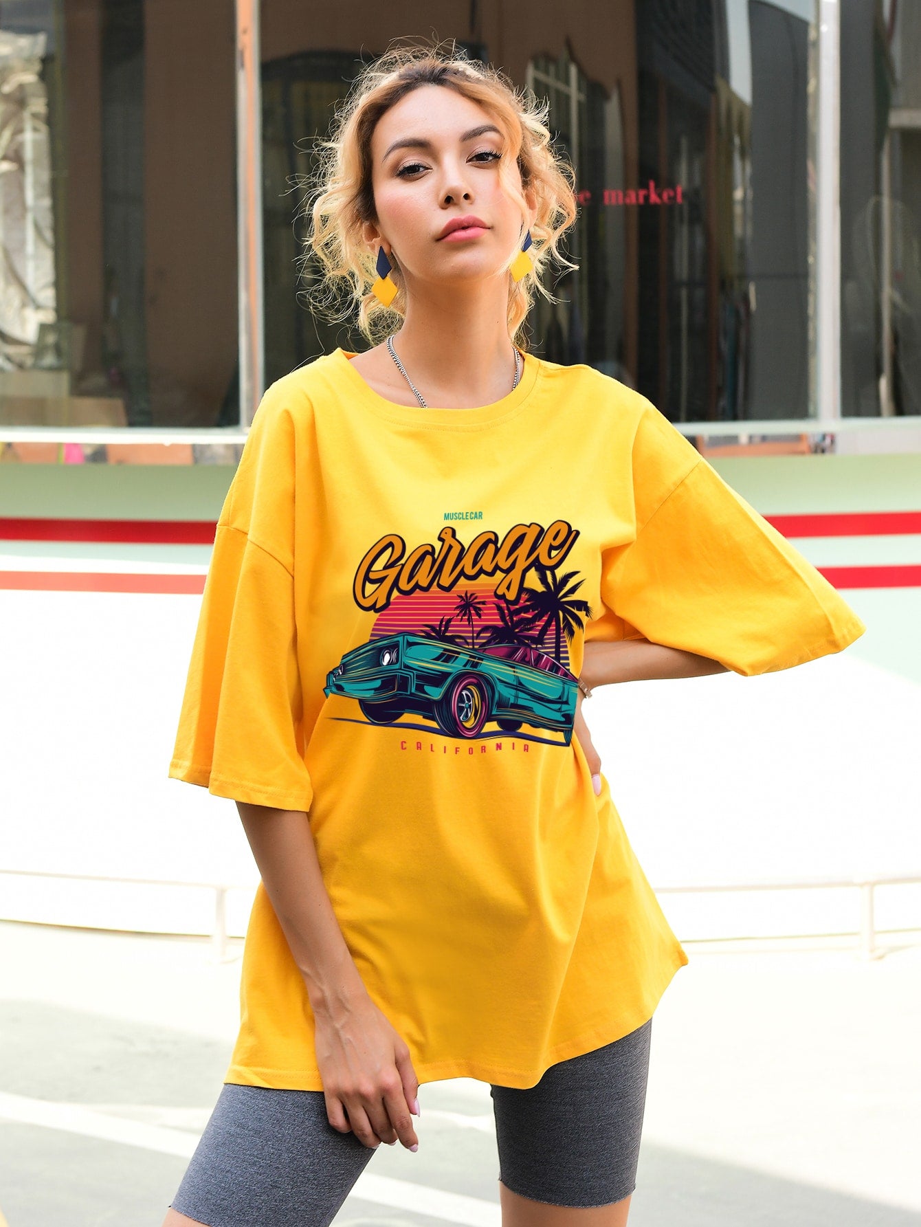Letter & Tropical Print Drop Shoulder Tee