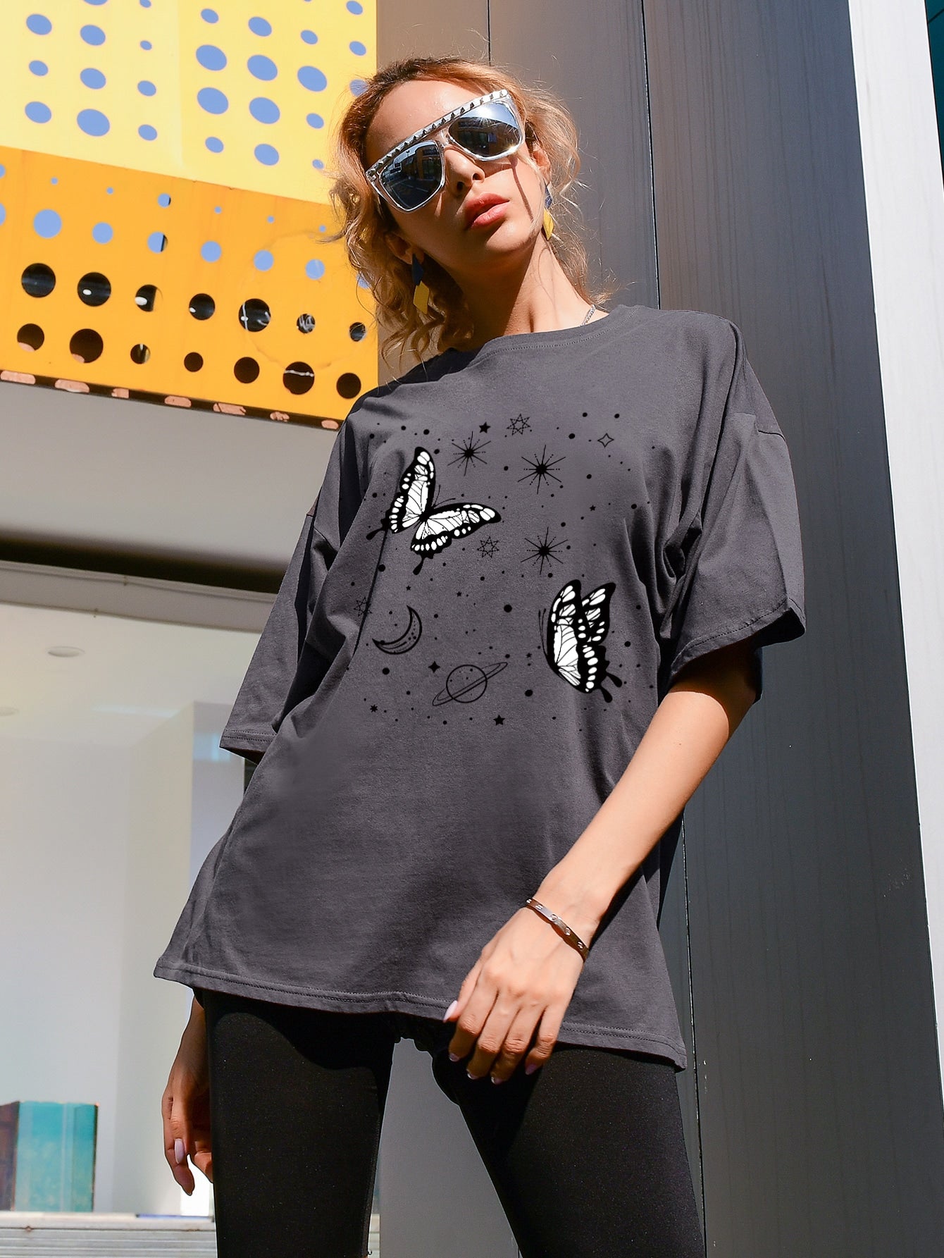Drop Shoulder Butterfly Print Oversized Tee