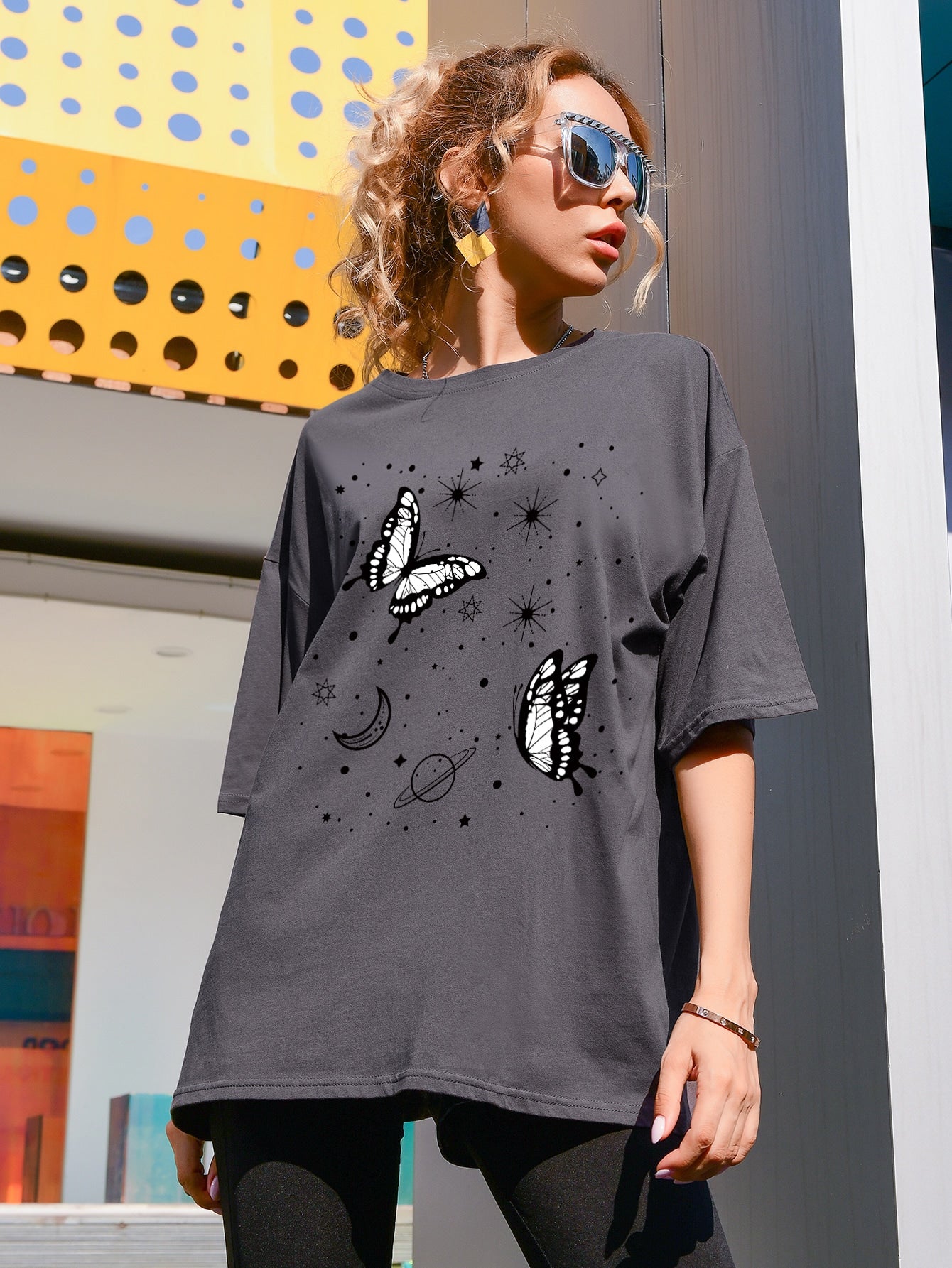Drop Shoulder Butterfly Print Oversized Tee