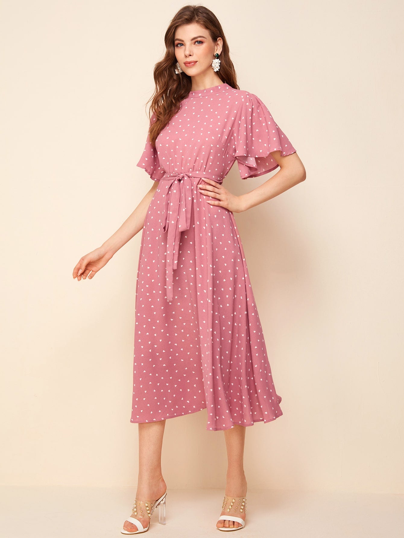 Polka Dot Tie Back Flutter Sleeve Self Belted Dress