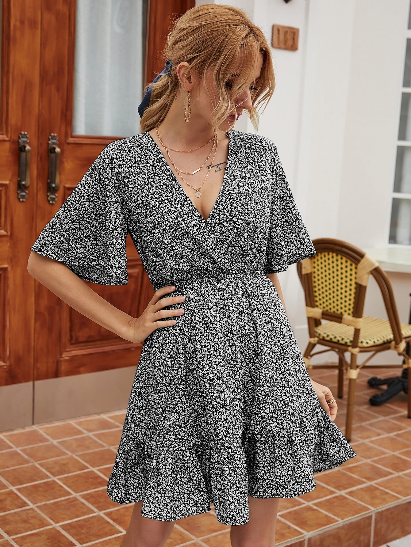 Ditsy Floral Surplice Front Dress