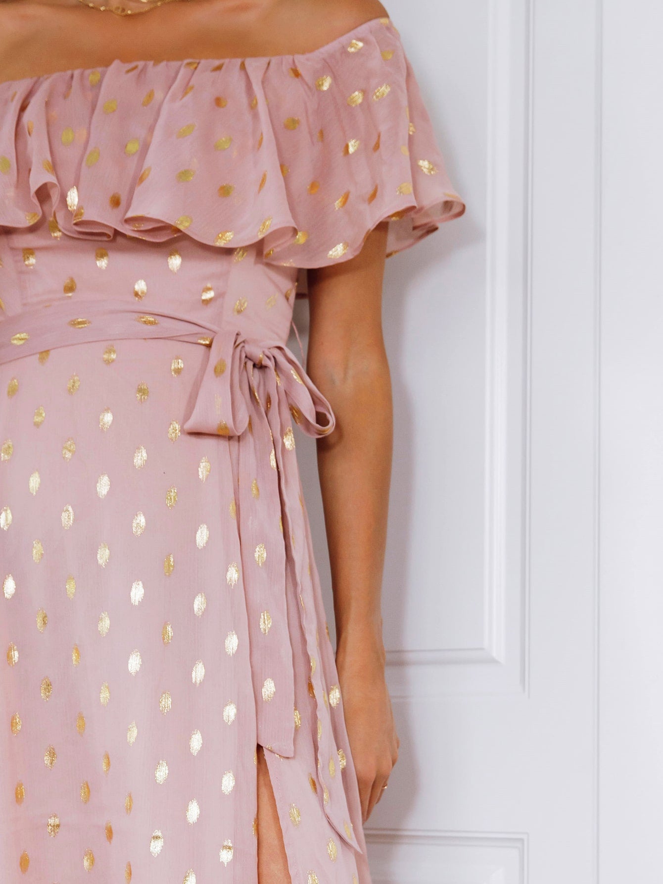 Off Shoulder Ruffle Detail Gold Dot Print Belted Chiffon Dress