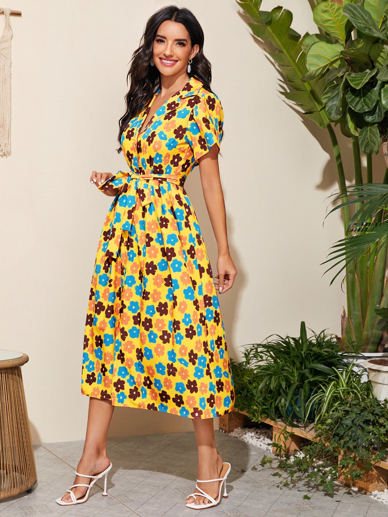 Floral Print Belted Shirt Dress