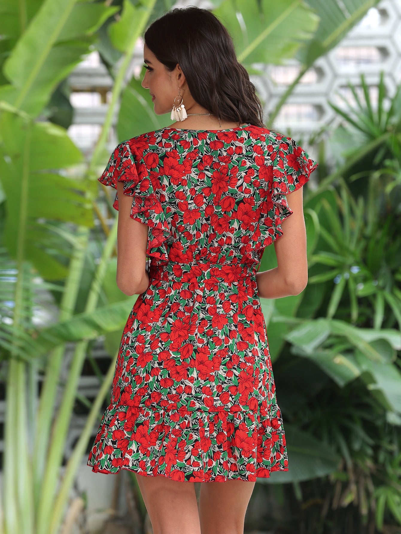 Allover Floral Surplice Front Belted Dress