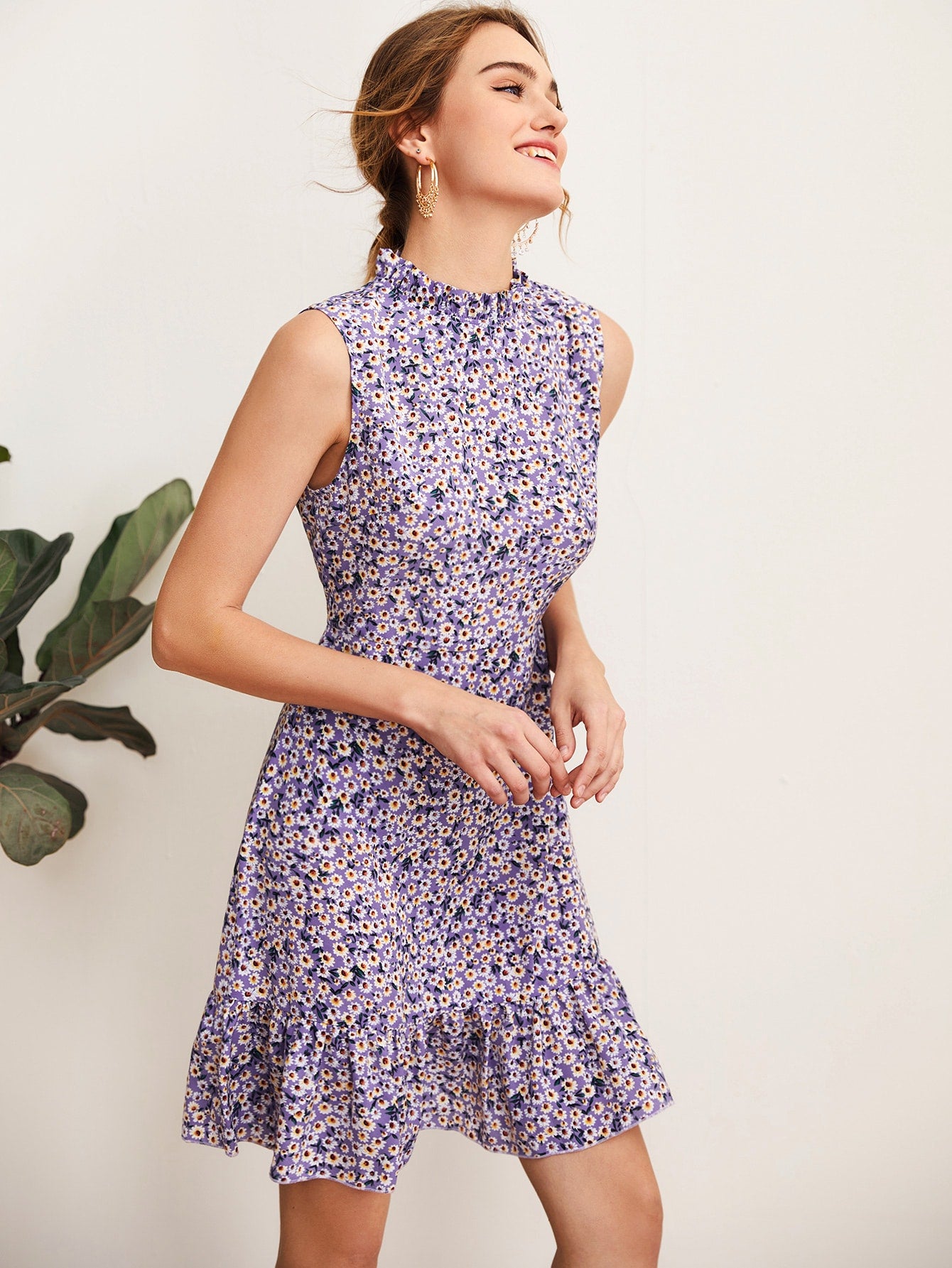 Ditsy Floral Stand Collar Ruffle Hem Dress
