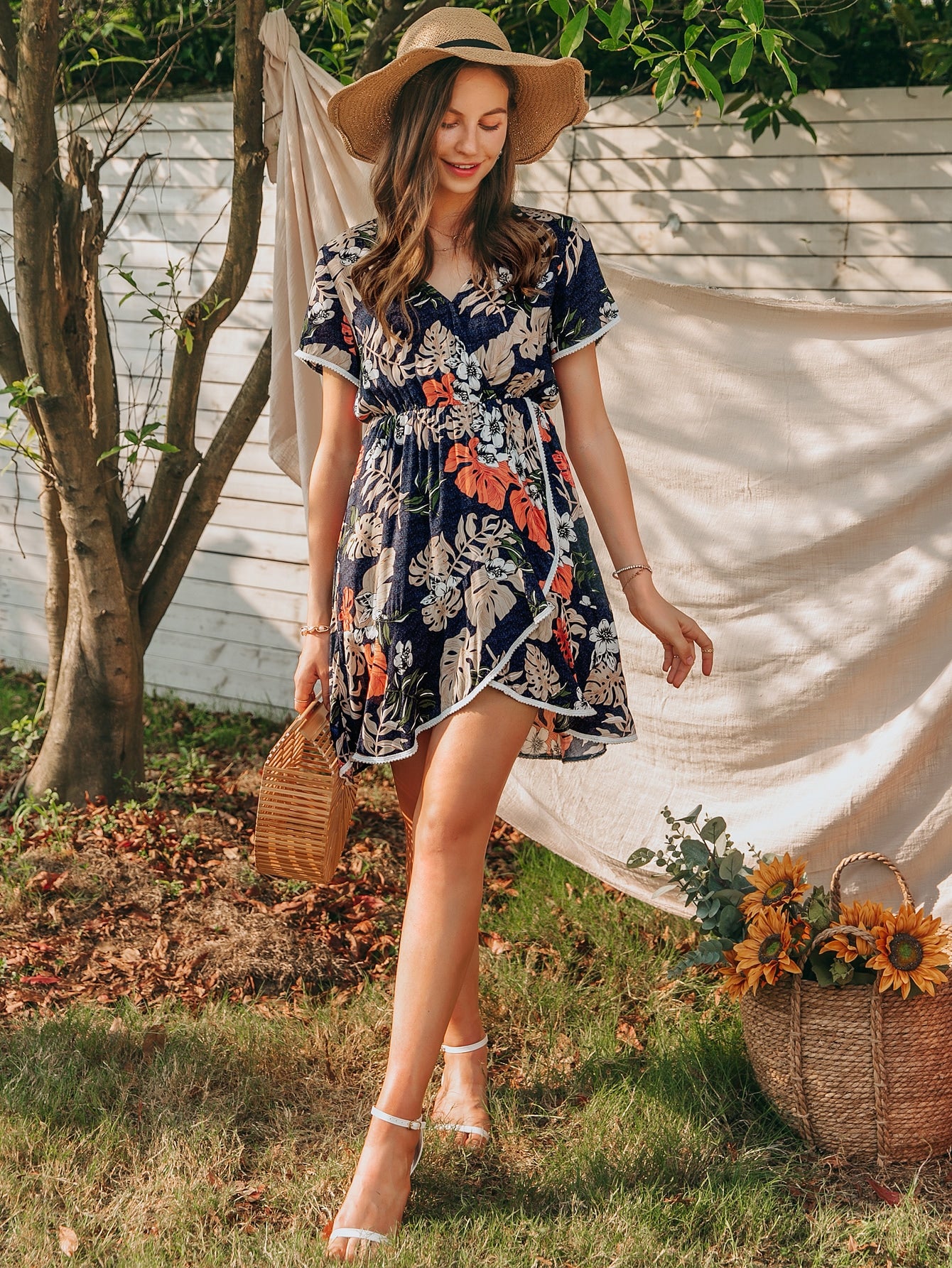 Surplice Neck Ruffle Hem Lace Trim Tropical Dress