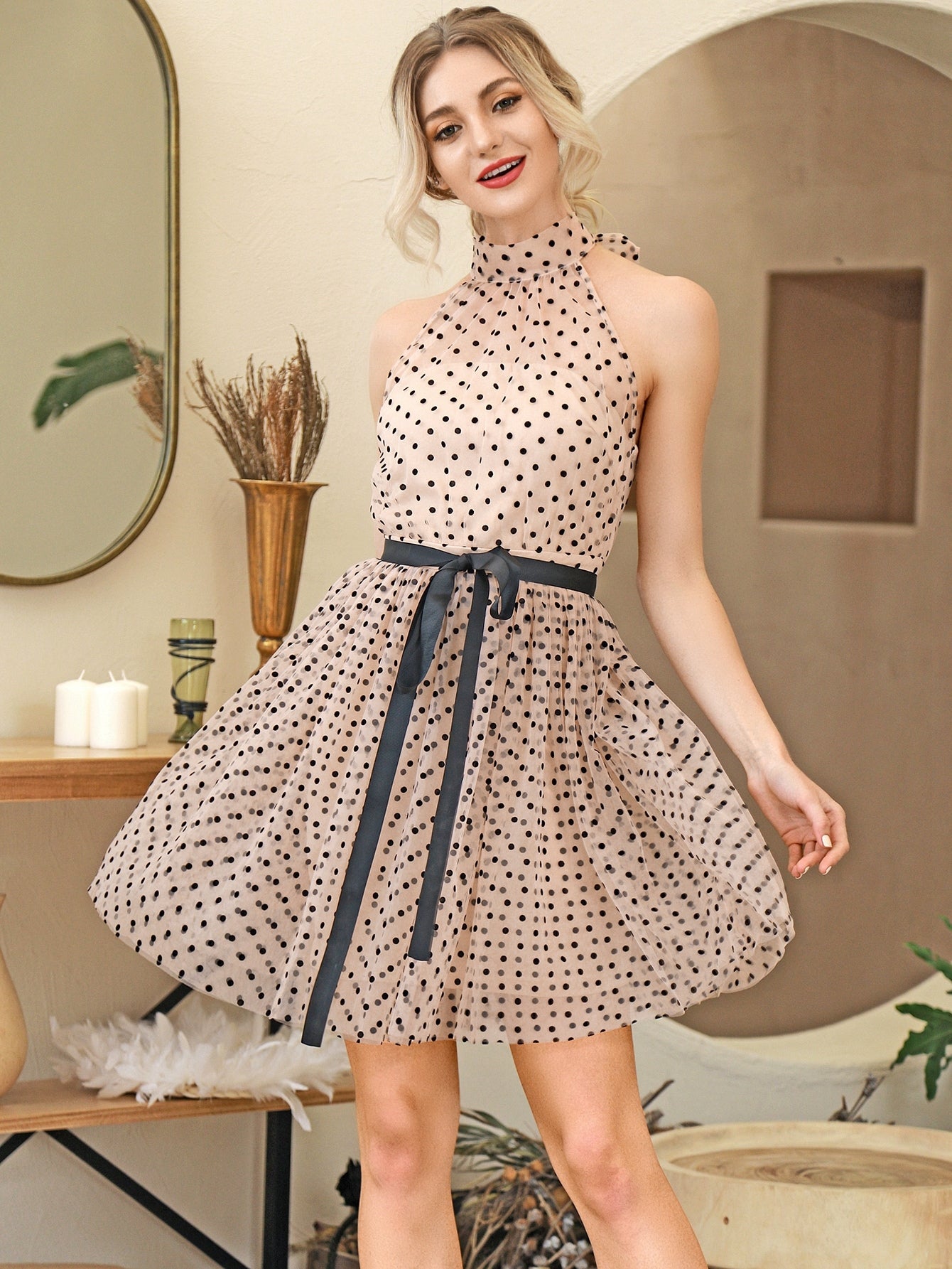 Tie Back Belted Polka Dot Mesh Halter Dress