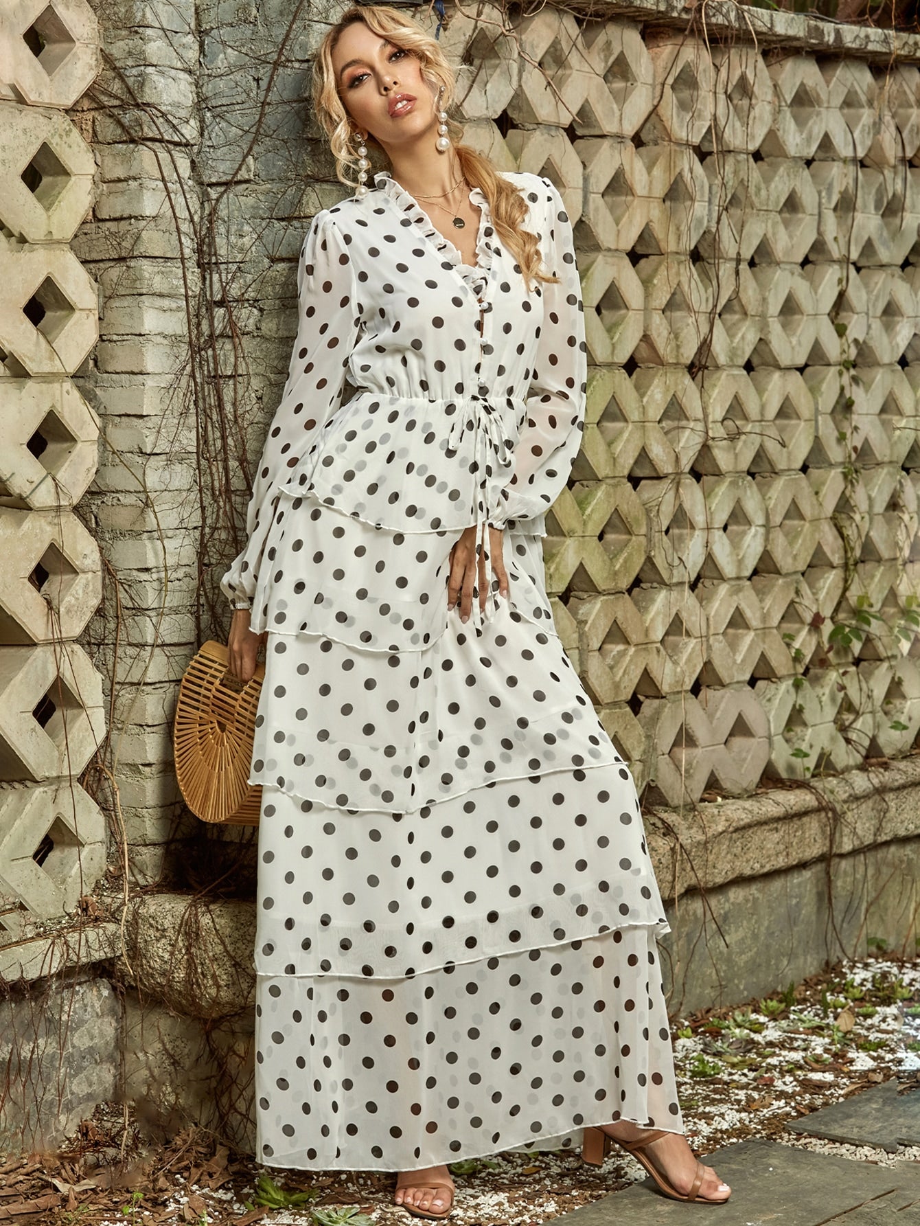 Missord Button Tie Front Layered Polka Dot Dress