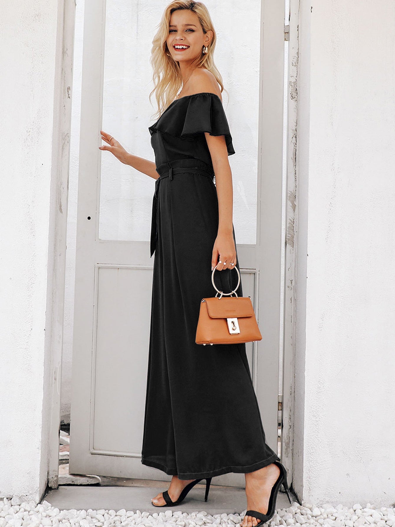 Ruffle Off Shoulder Belted Wide Leg Jumpsuit