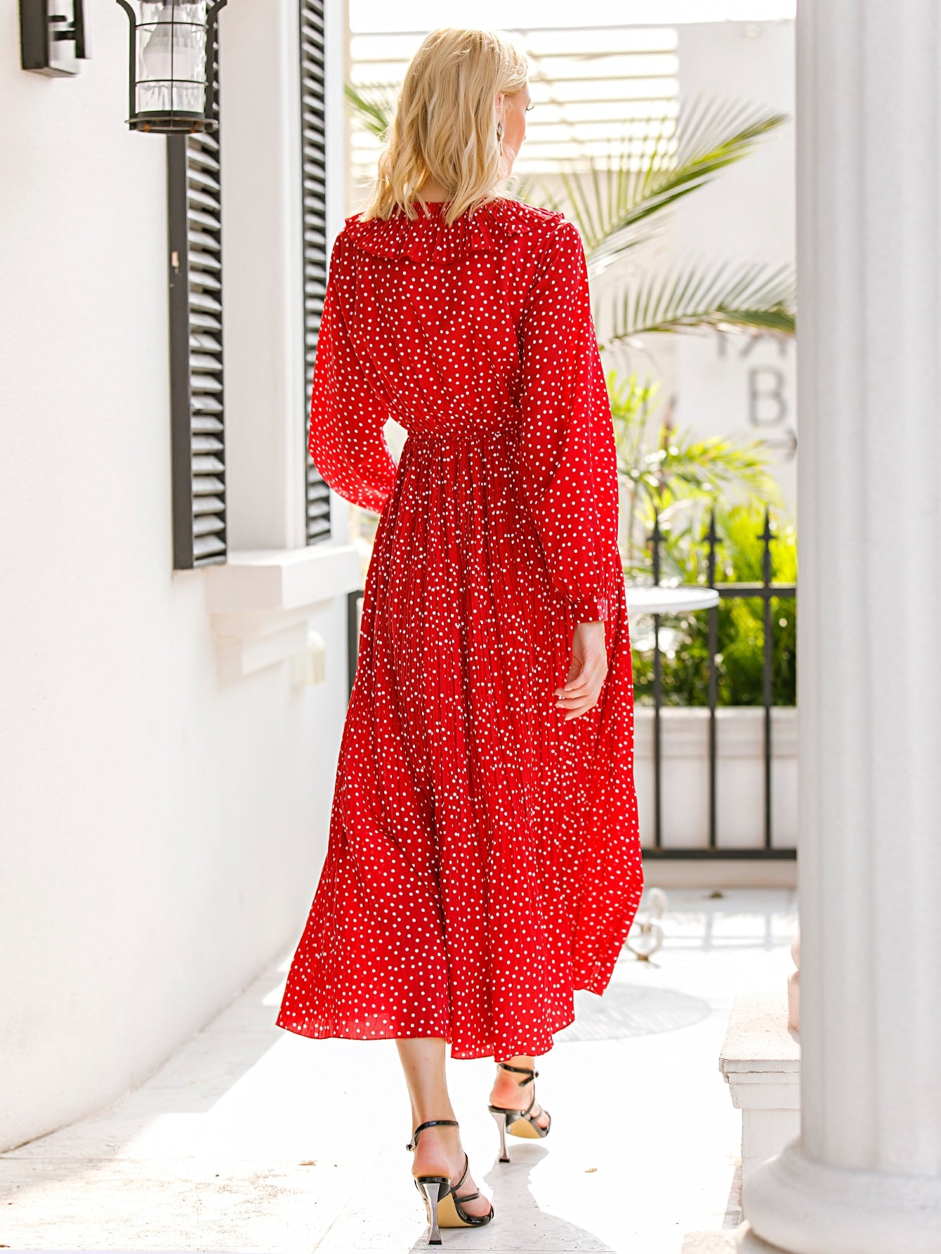 Polka Dot Ruffle Trim A-line Dress