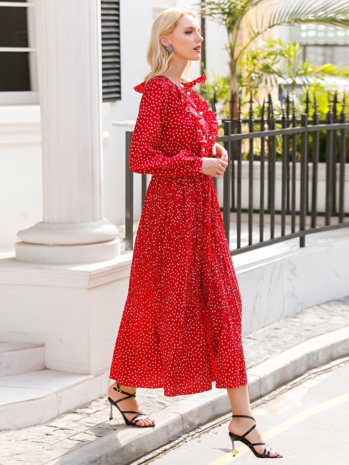 Polka Dot Ruffle Trim A-line Dress