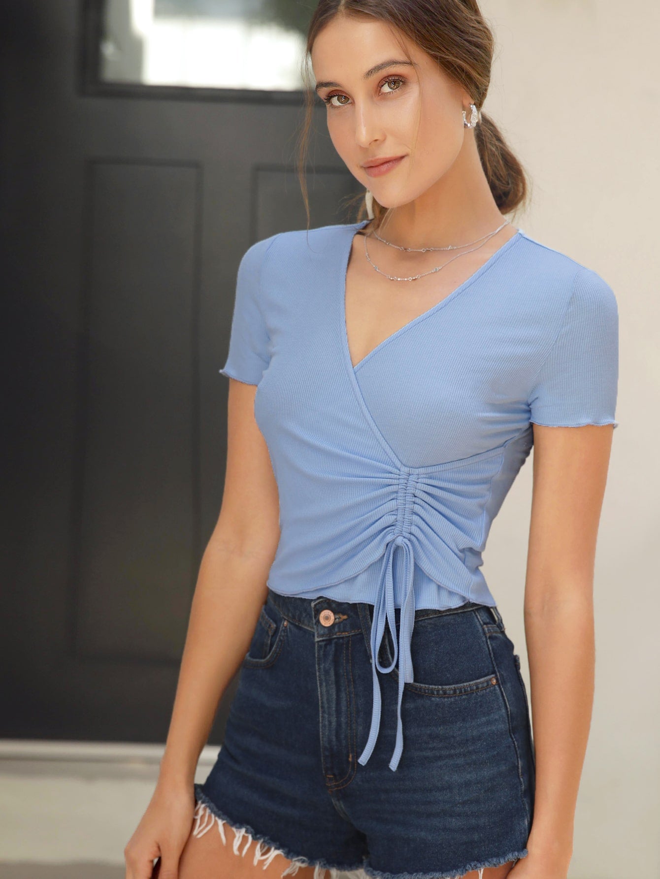 Drawstring Front Rib-knit Tee
