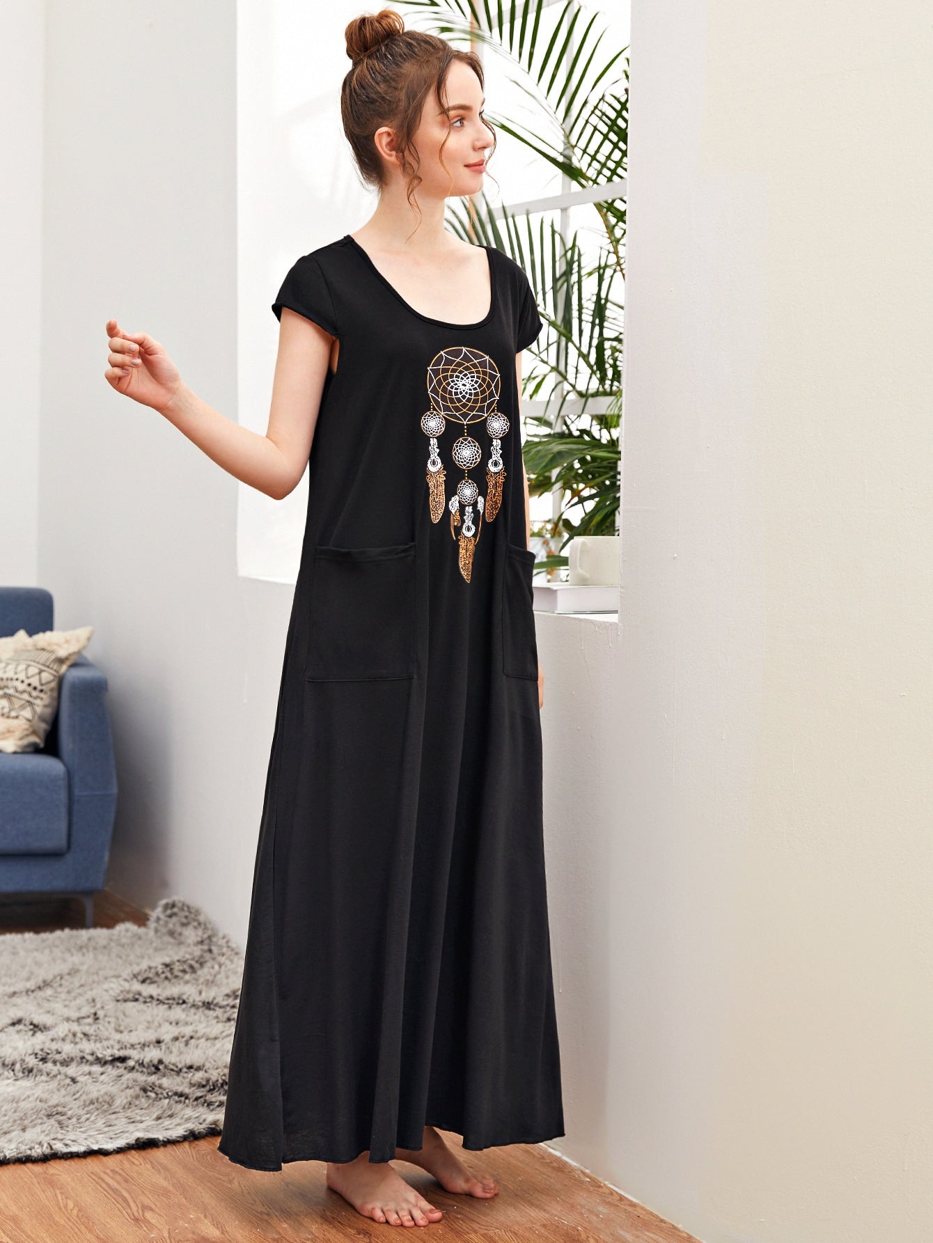 Aztec Print Dual Pocket Tee Dress