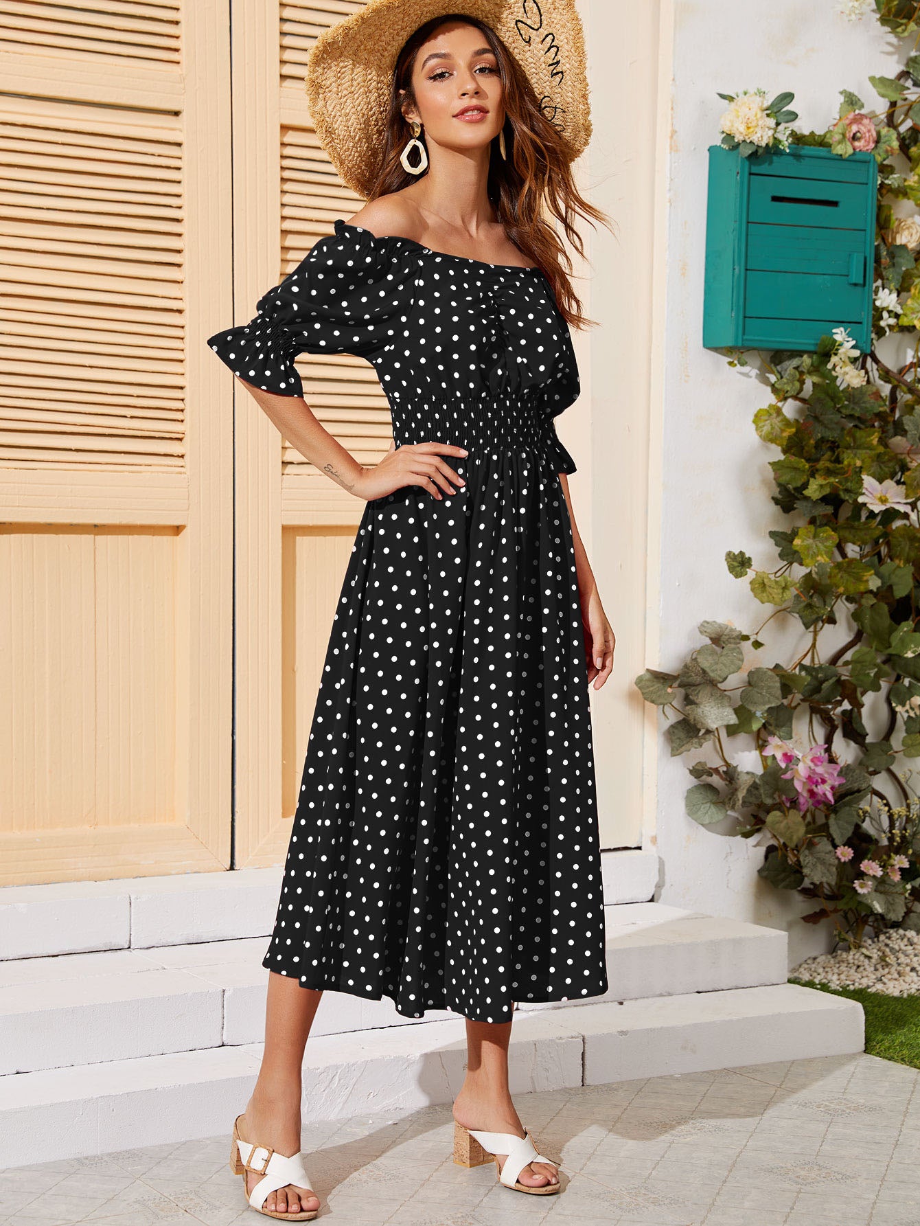Polka Dot Sweetheart Ruched Shirred Flare Dress