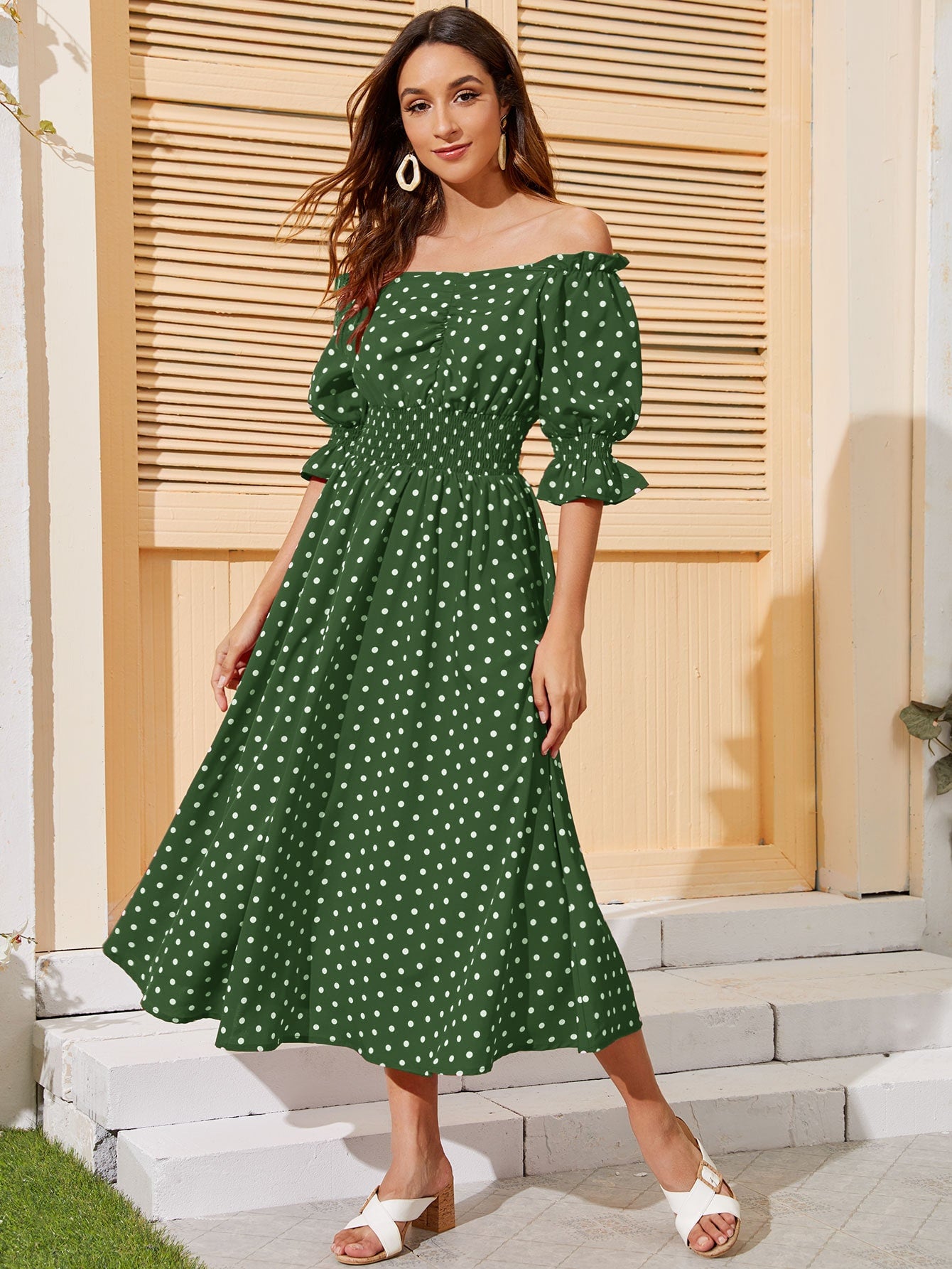 Polka Dot Sweetheart Ruched Shirred Flare Dress