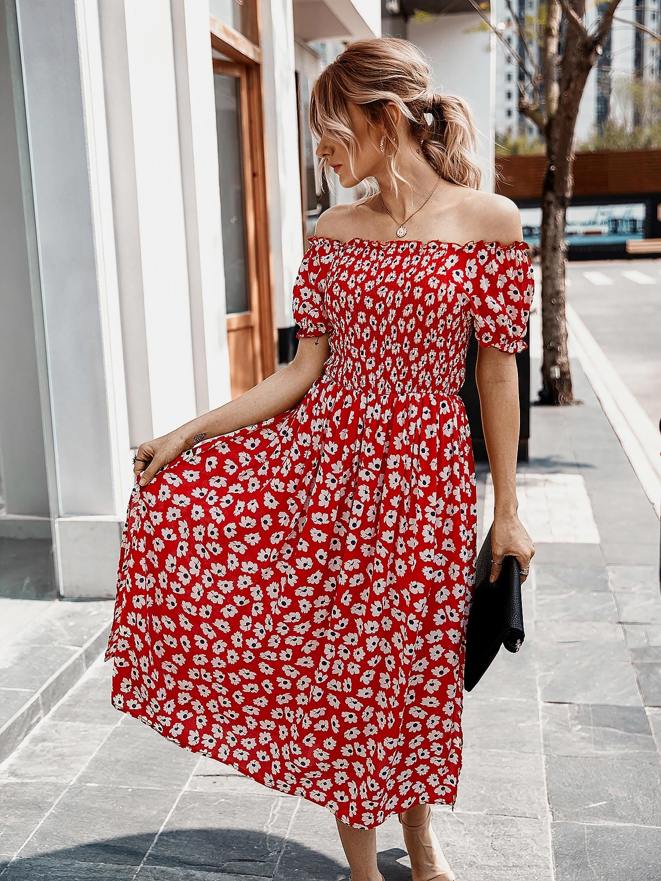 Floral Print Smocked Bodice Bardot Dress