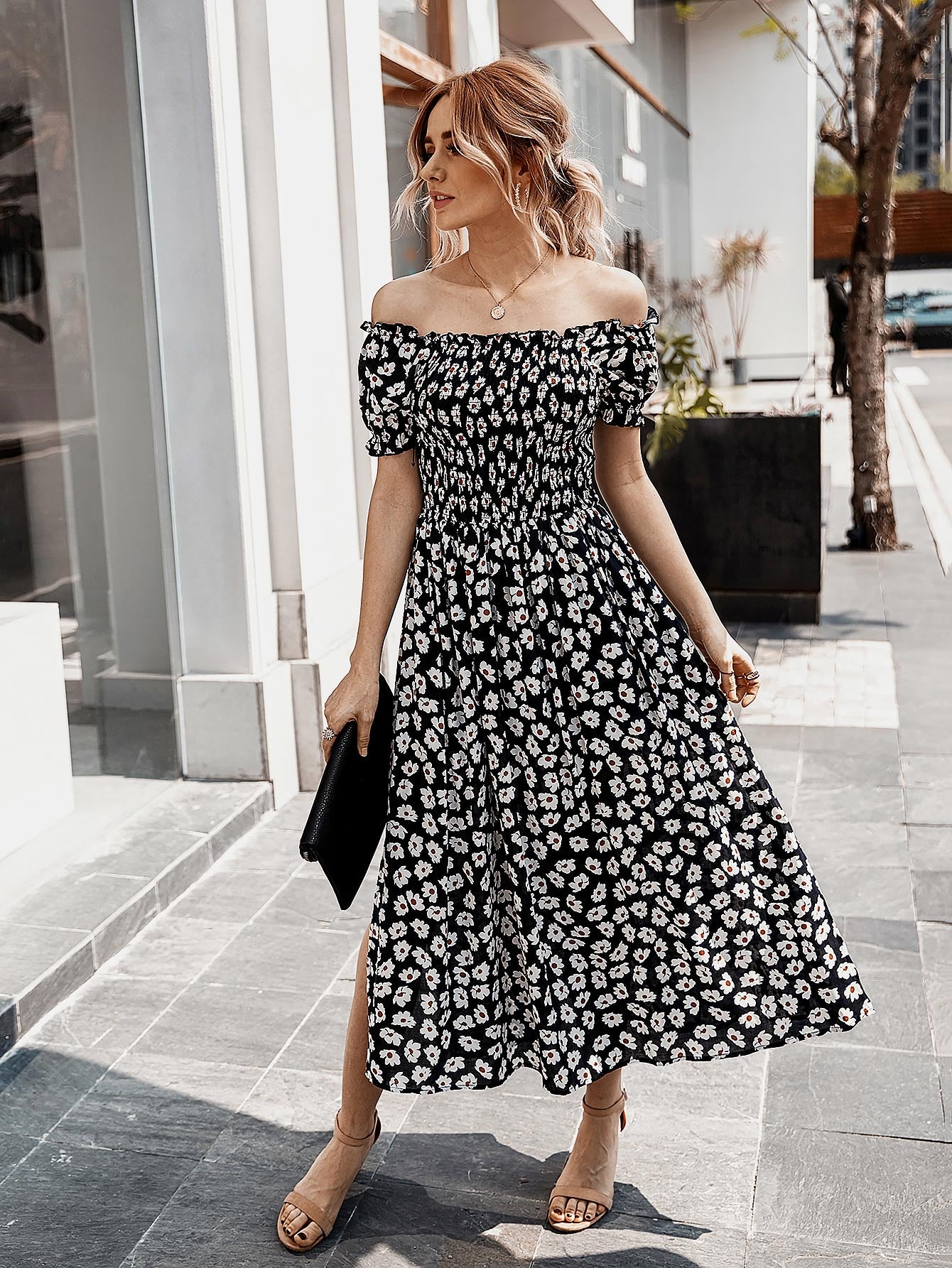 Floral Print Smocked Bodice Bardot Dress