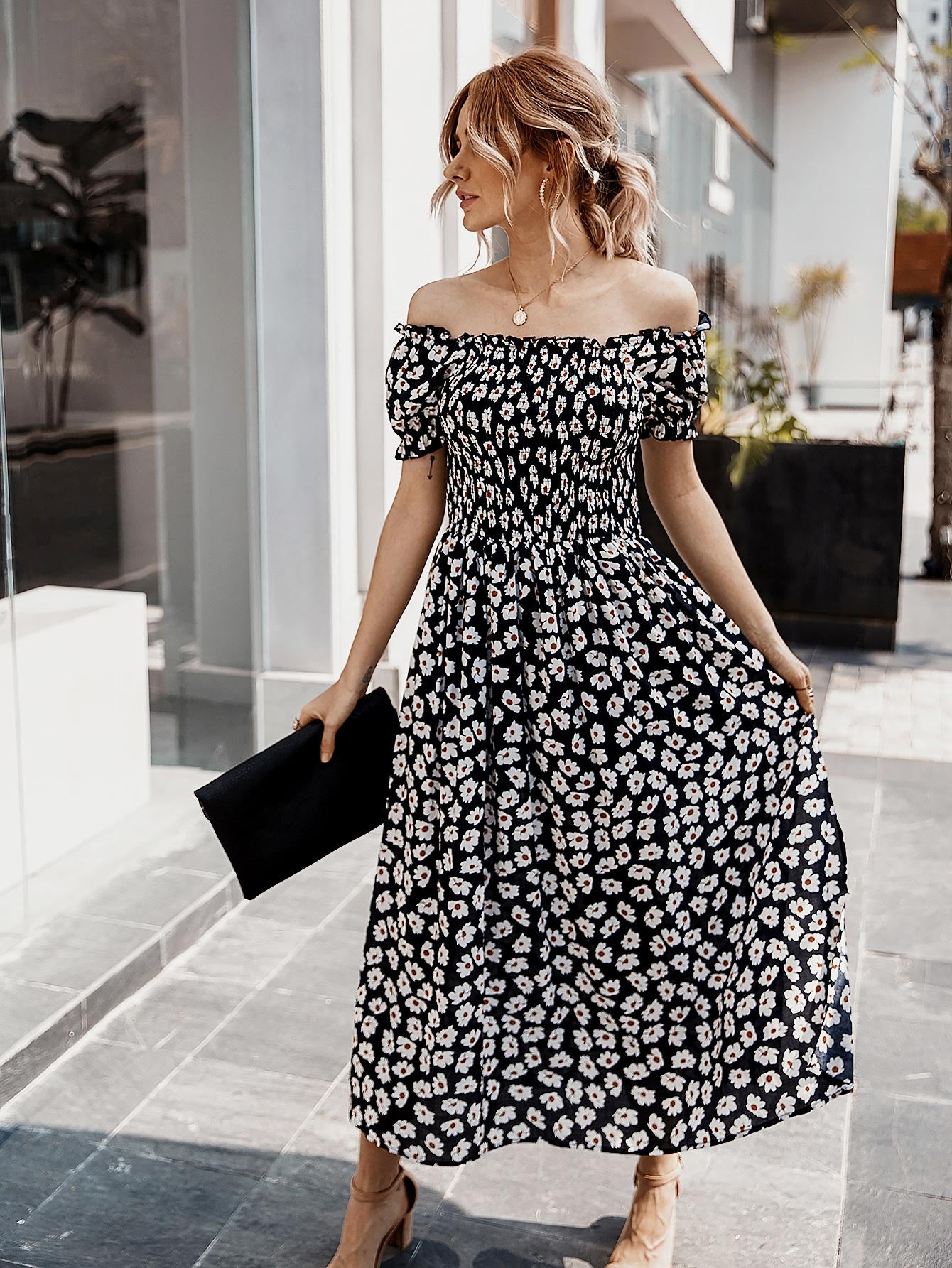 Floral Print Smocked Bodice Bardot Dress