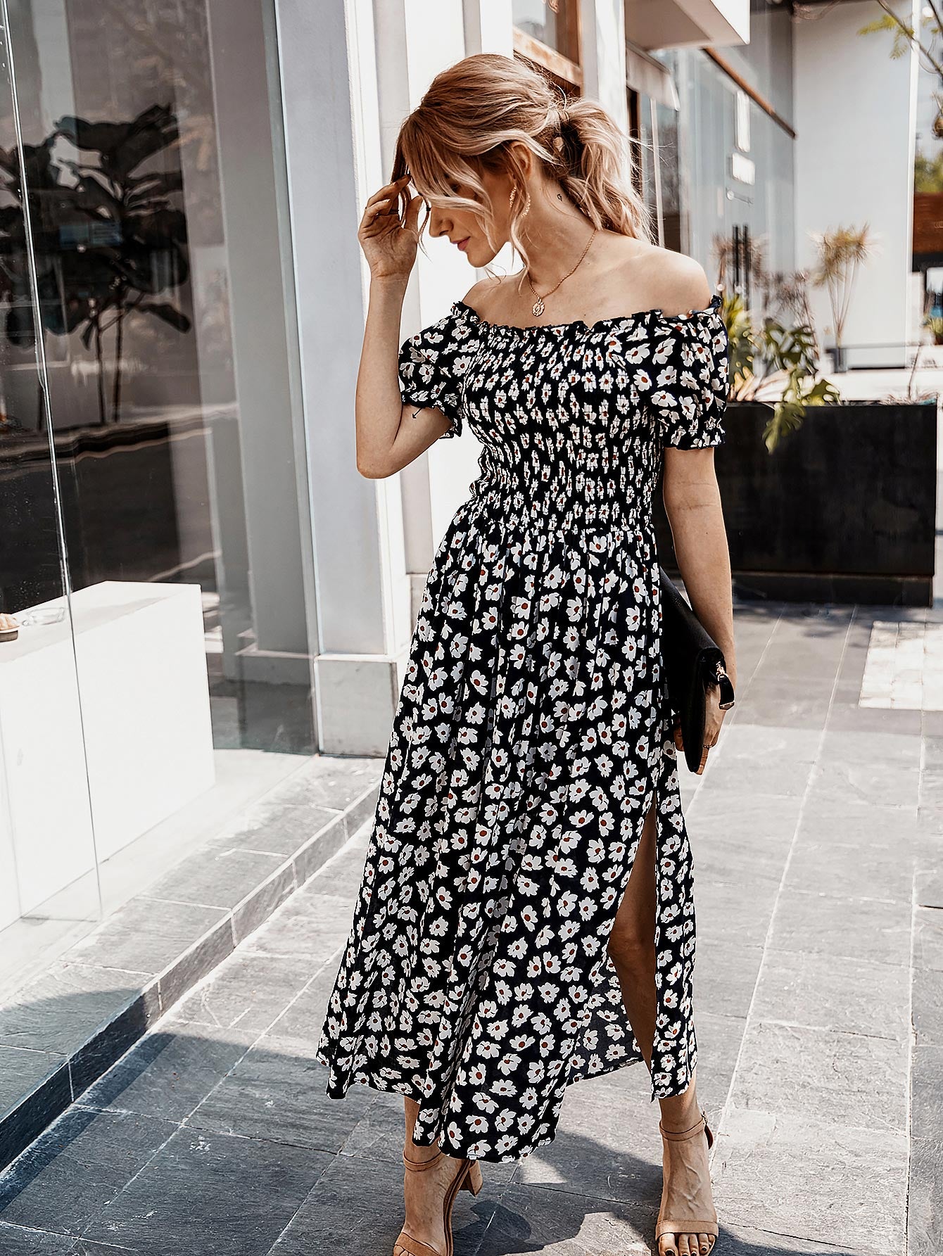 Floral Print Smocked Bodice Bardot Dress