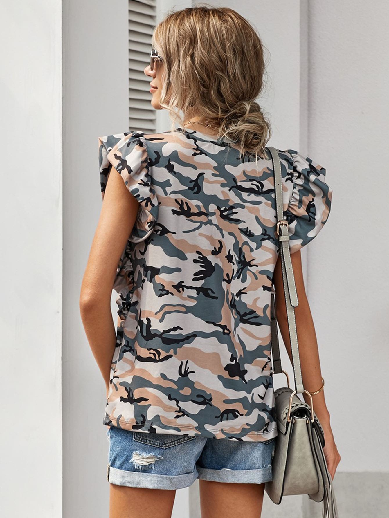 Camo Print Ruffle Sleeve Tee