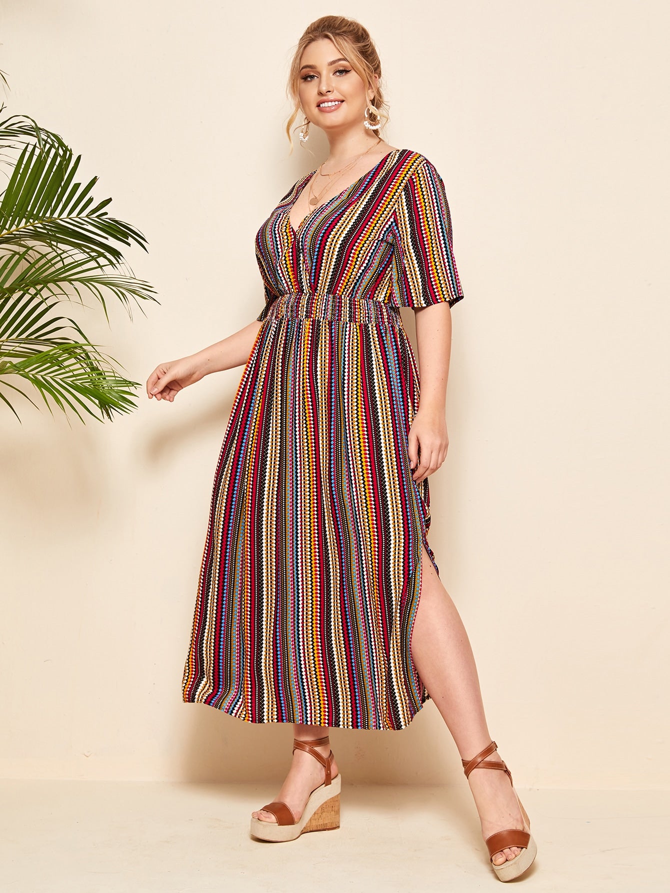 Plus Tie Back Shirred Waist Tribal Dress