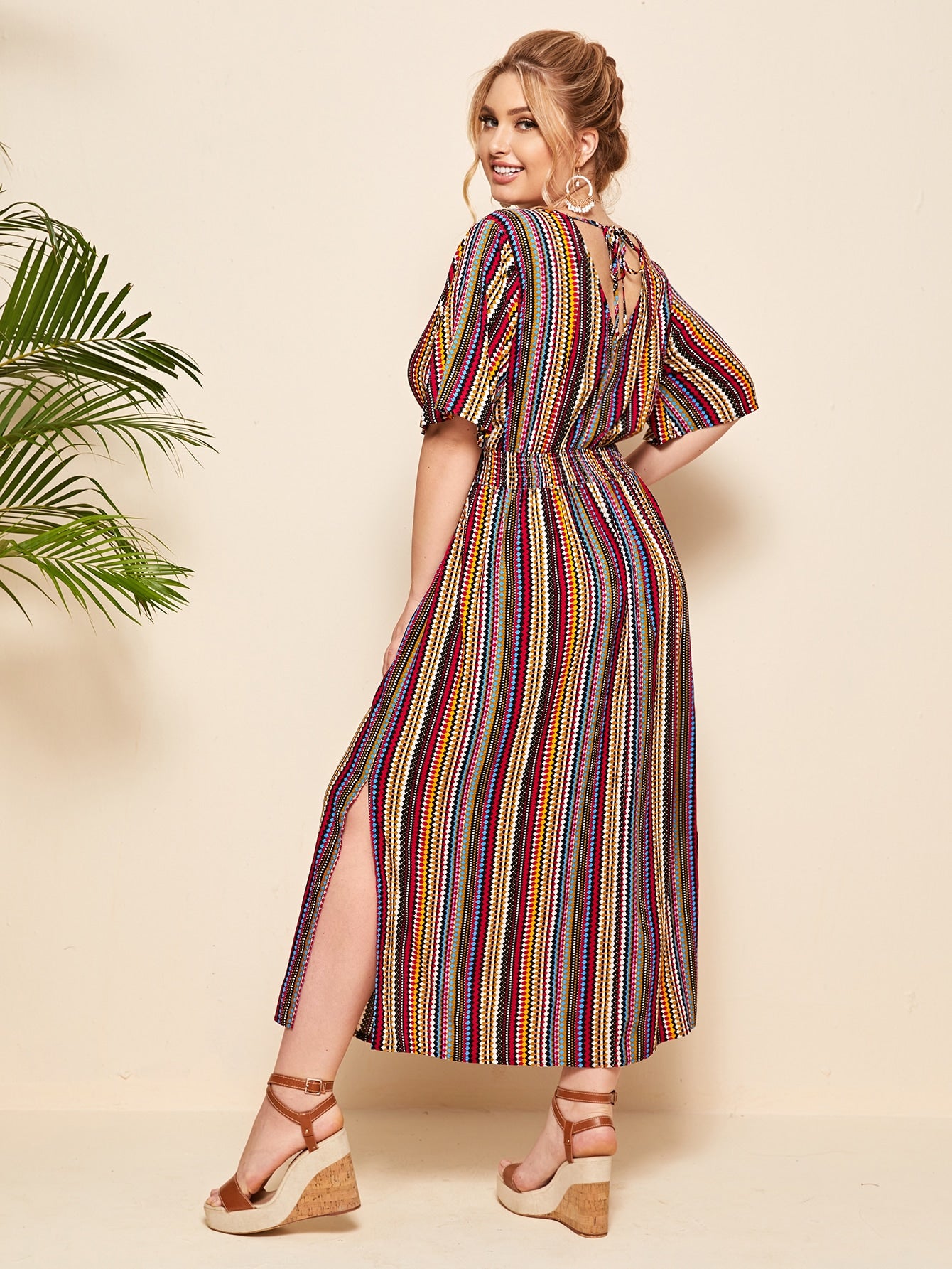 Plus Tie Back Shirred Waist Tribal Dress