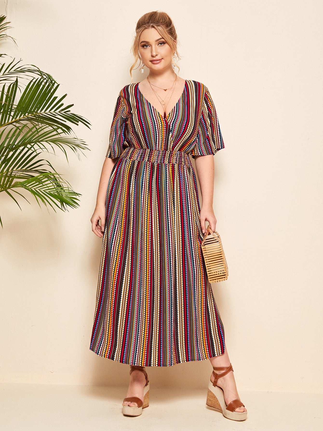 Plus Tie Back Shirred Waist Tribal Dress