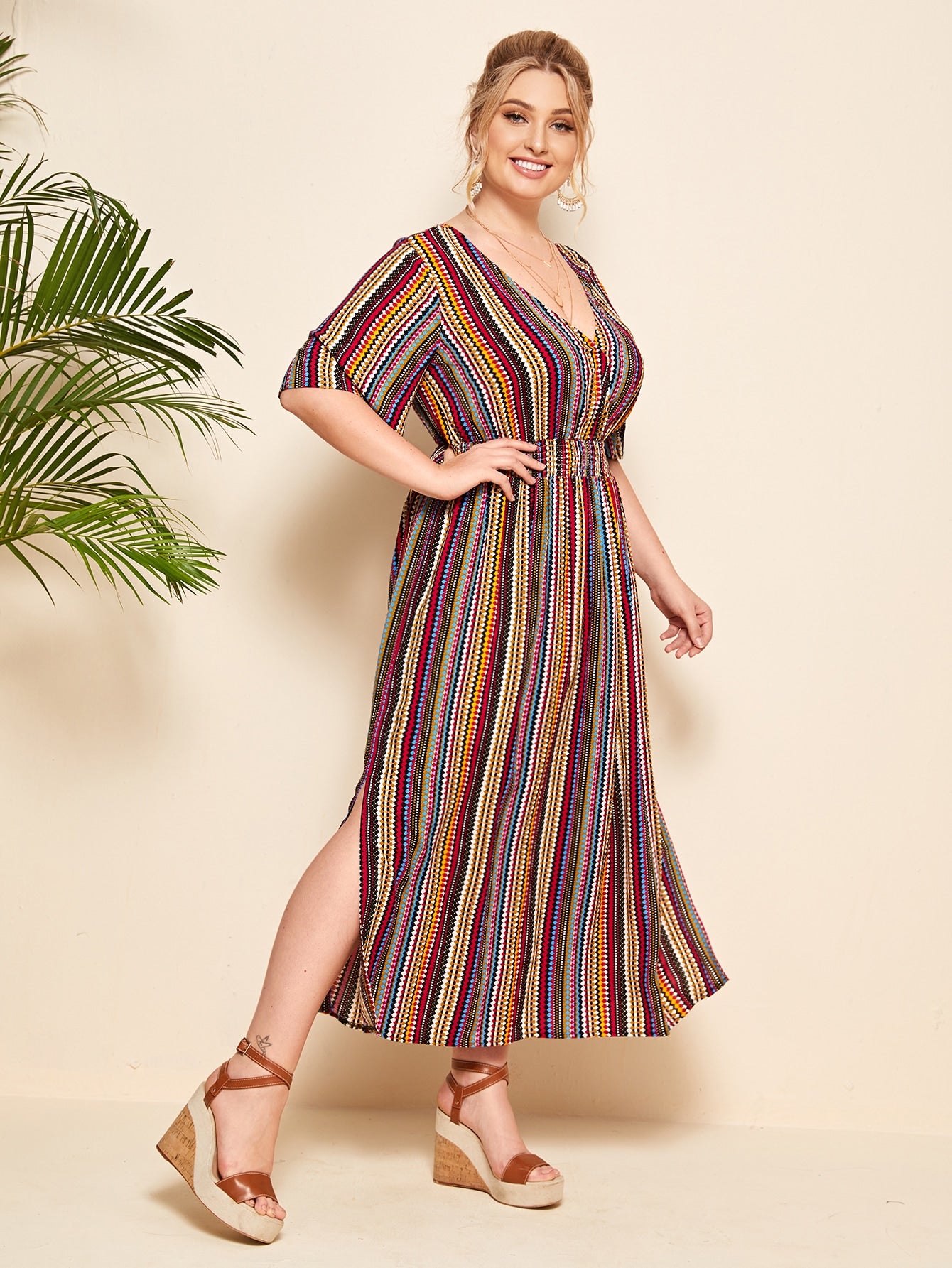Plus Tie Back Shirred Waist Tribal Dress