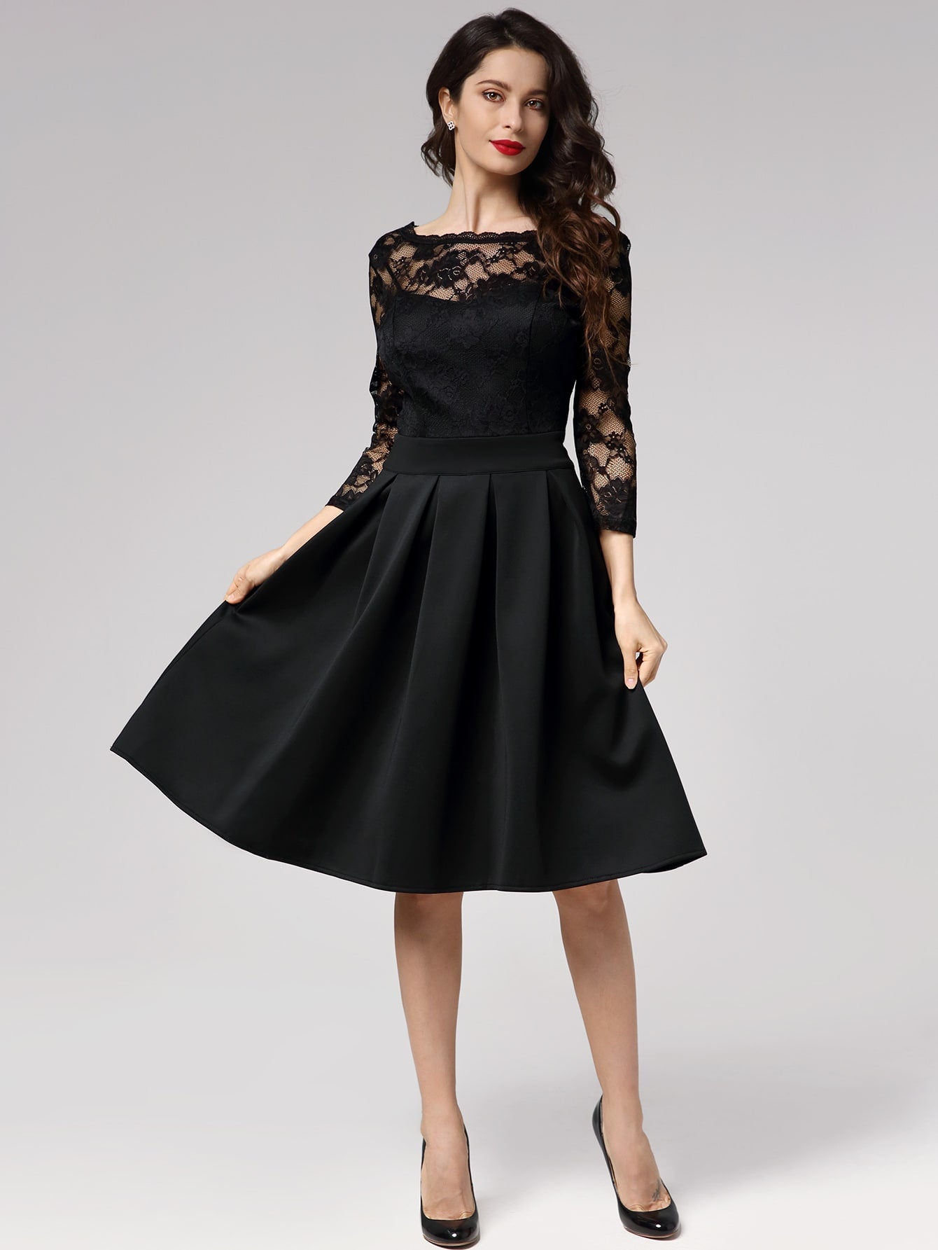 Sheer Yoke Lace Bodice Boxy Pleated Dress