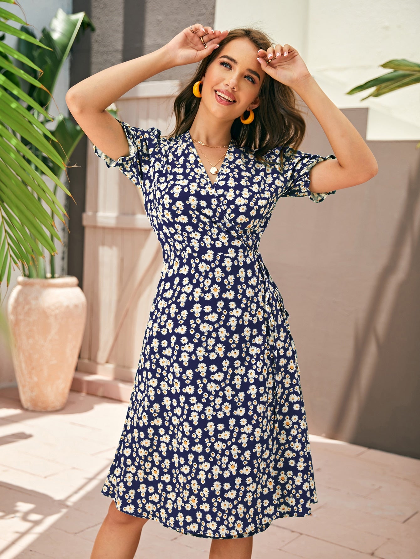 Ditsy Floral Surplice Front Belted Wrap Dress