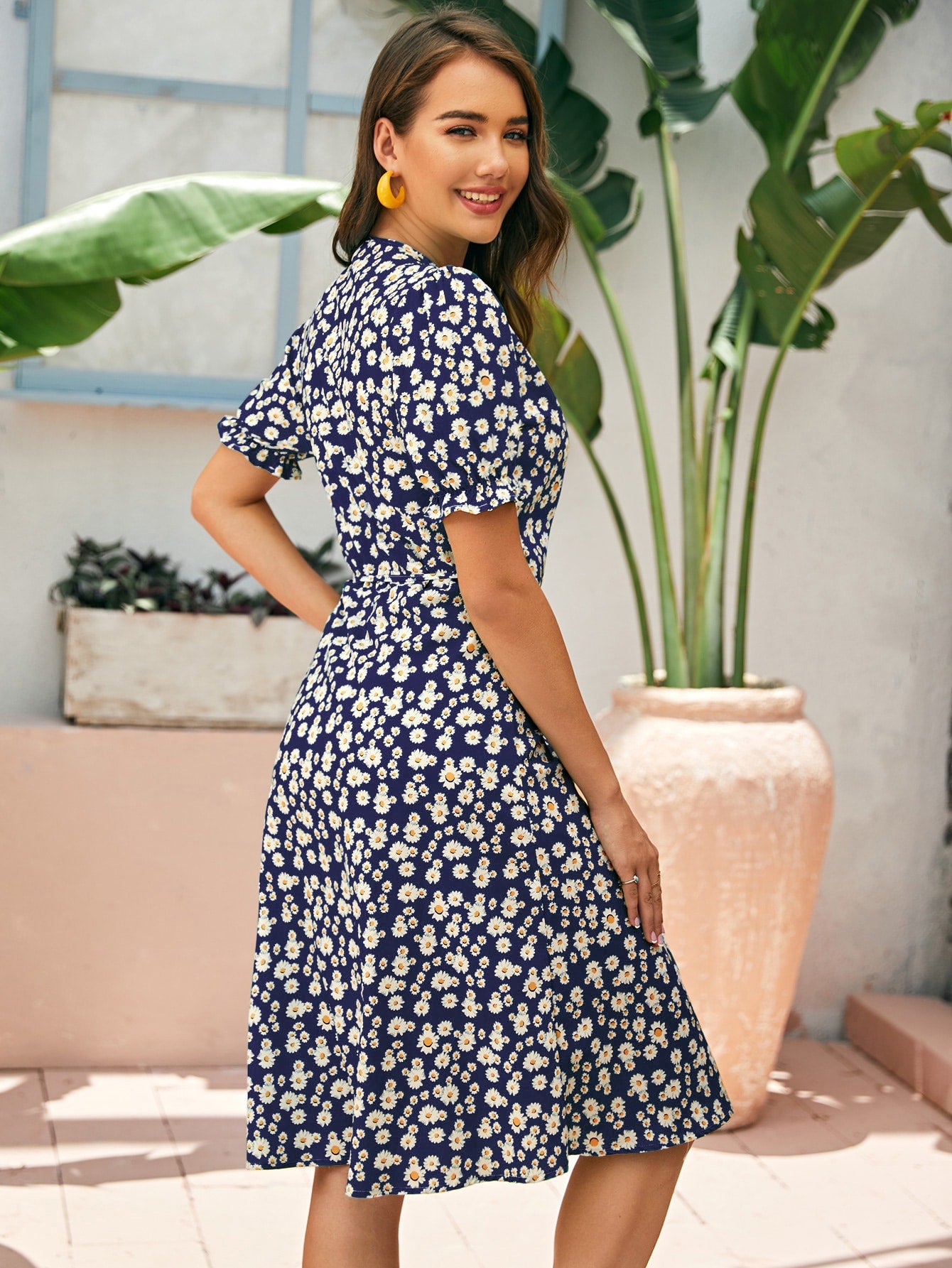 Ditsy Floral Surplice Front Belted Wrap Dress